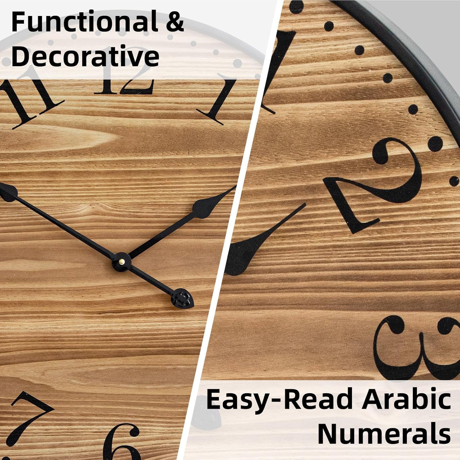 Rustic Farmhouse Wall Clocks for Living Room Decor, Large 24 inch Wall Clock with Dark Brown Wooden Face and Black Metal Frame, Silent Battery Operated for Kitchen Bedroom Entryway