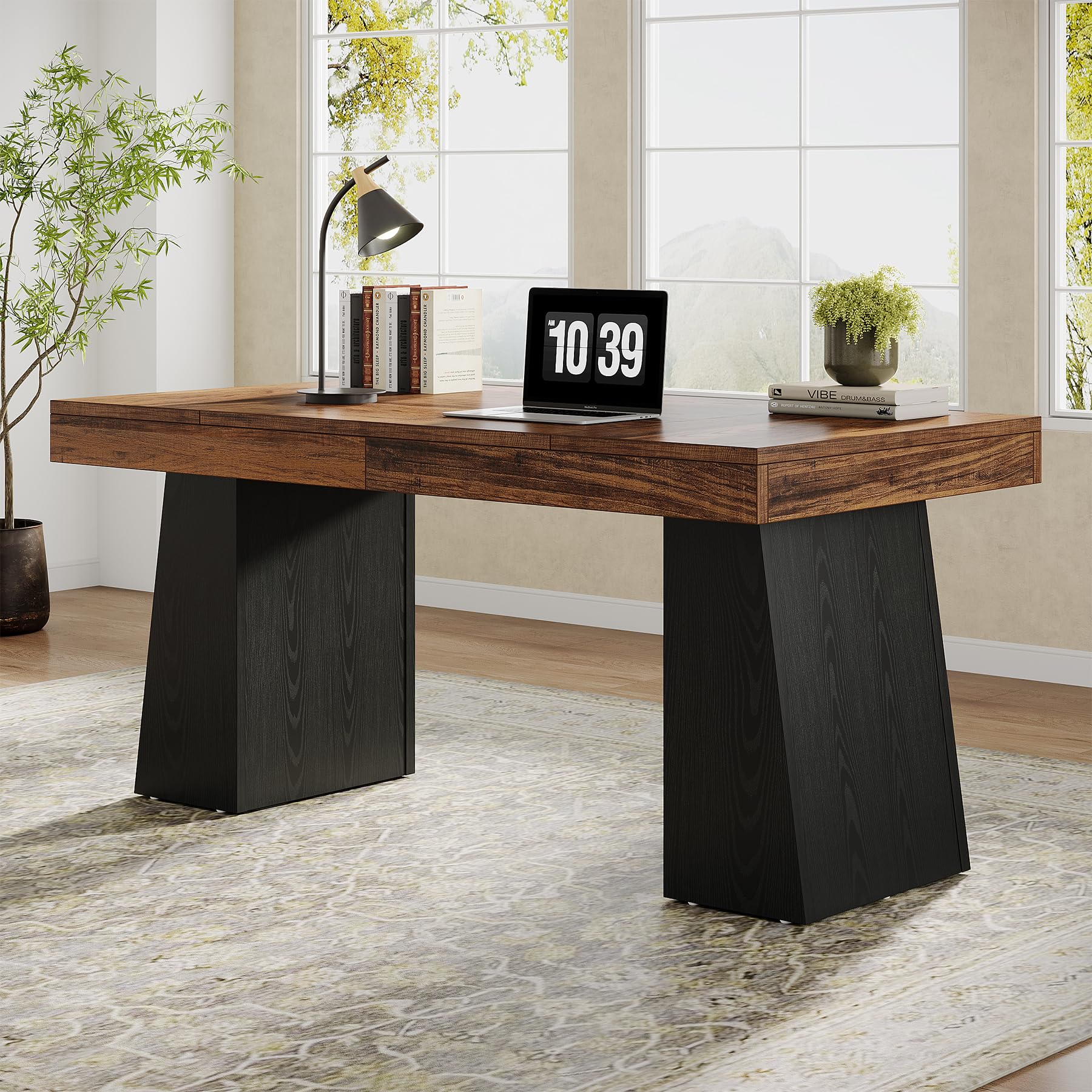 Tribesigns 55" Executive Desk, Wooden Office Desk with Double Pedestal, Modern Simple Computer Writing Table for Home Office, Light Brown