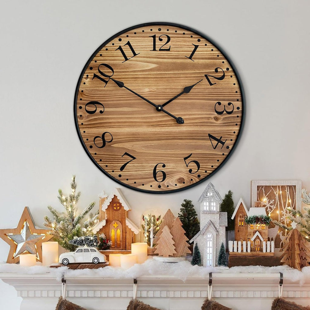 Rustic Farmhouse Wall Clocks for Living Room Decor, Large 24 inch Wall Clock with Dark Brown Wooden Face and Black Metal Frame, Silent Battery Operated for Kitchen Bedroom Entryway