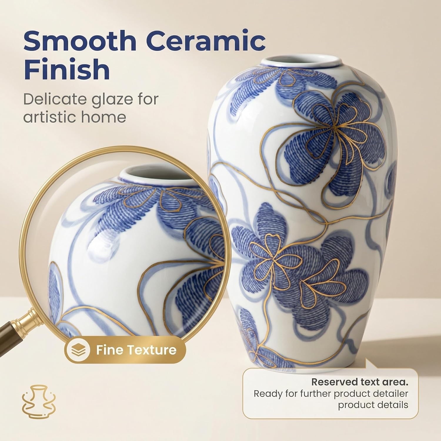 Blue and White Ceramic Vase for Home Decor – Hand-Painted Porcelain Flower Vase with Gold Accents – Chinoiserie-Inspired Home Decor Vases – 9" for Table, Shelf, or Mantel