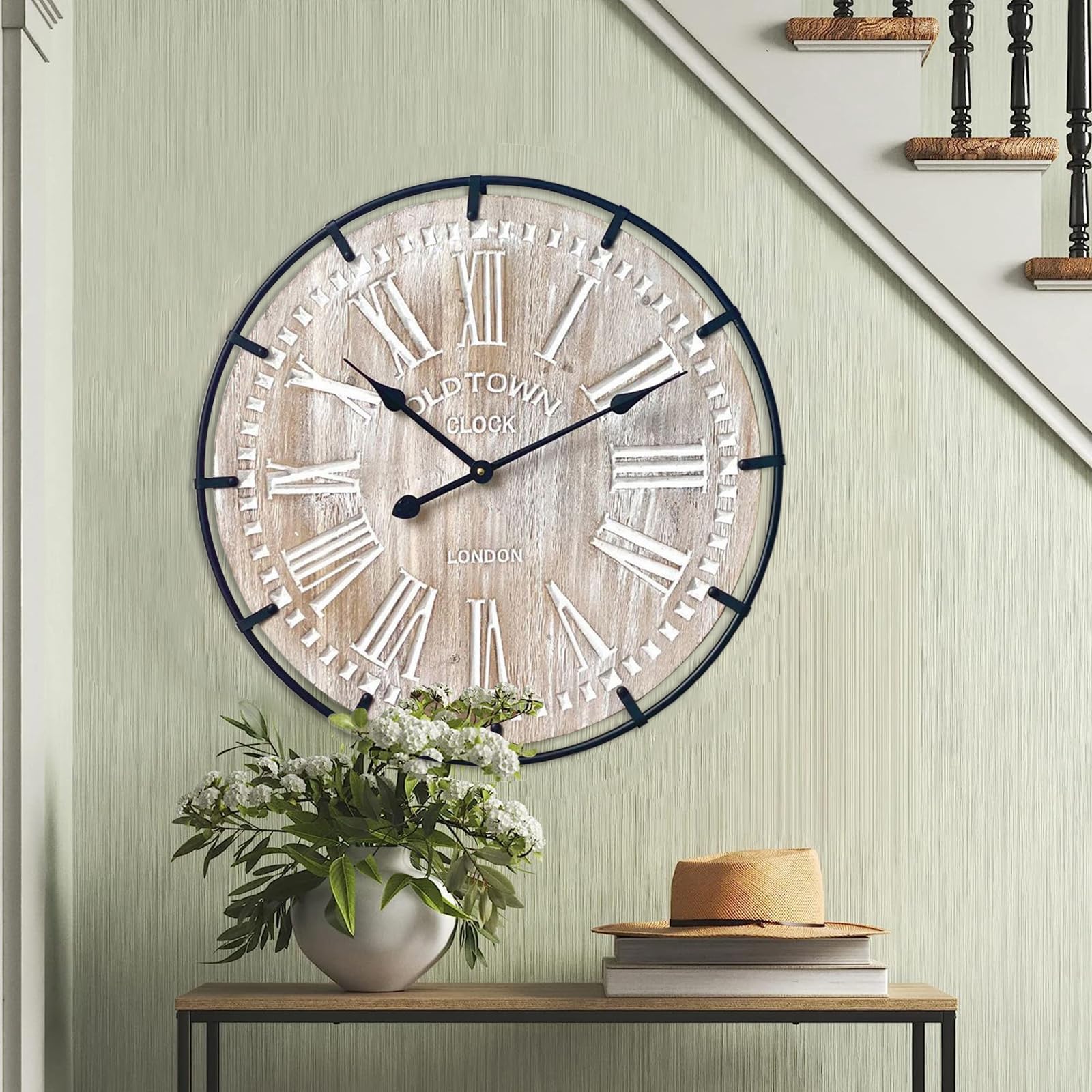 EMAX HOME 30 Inch Extra Large Wall Clock - Farmhouse Rustic Wood & Metal Design Silent Non-Ticking Battery Operated Decorative Oversized Clock for Living Room, Kitchen, Office & Bedroom
