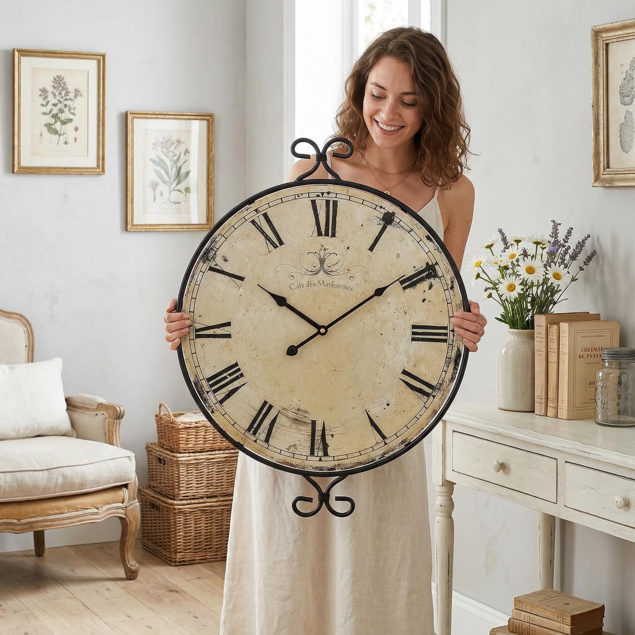 Farmhouse Wall Clock, 17H×13.4D Inch, Wrought Iron Frame with Warm Gray Finish, Vintage Wall Clock Silent Battery Operated Wall Clocks for Home Living Room Kitchen Bedroom