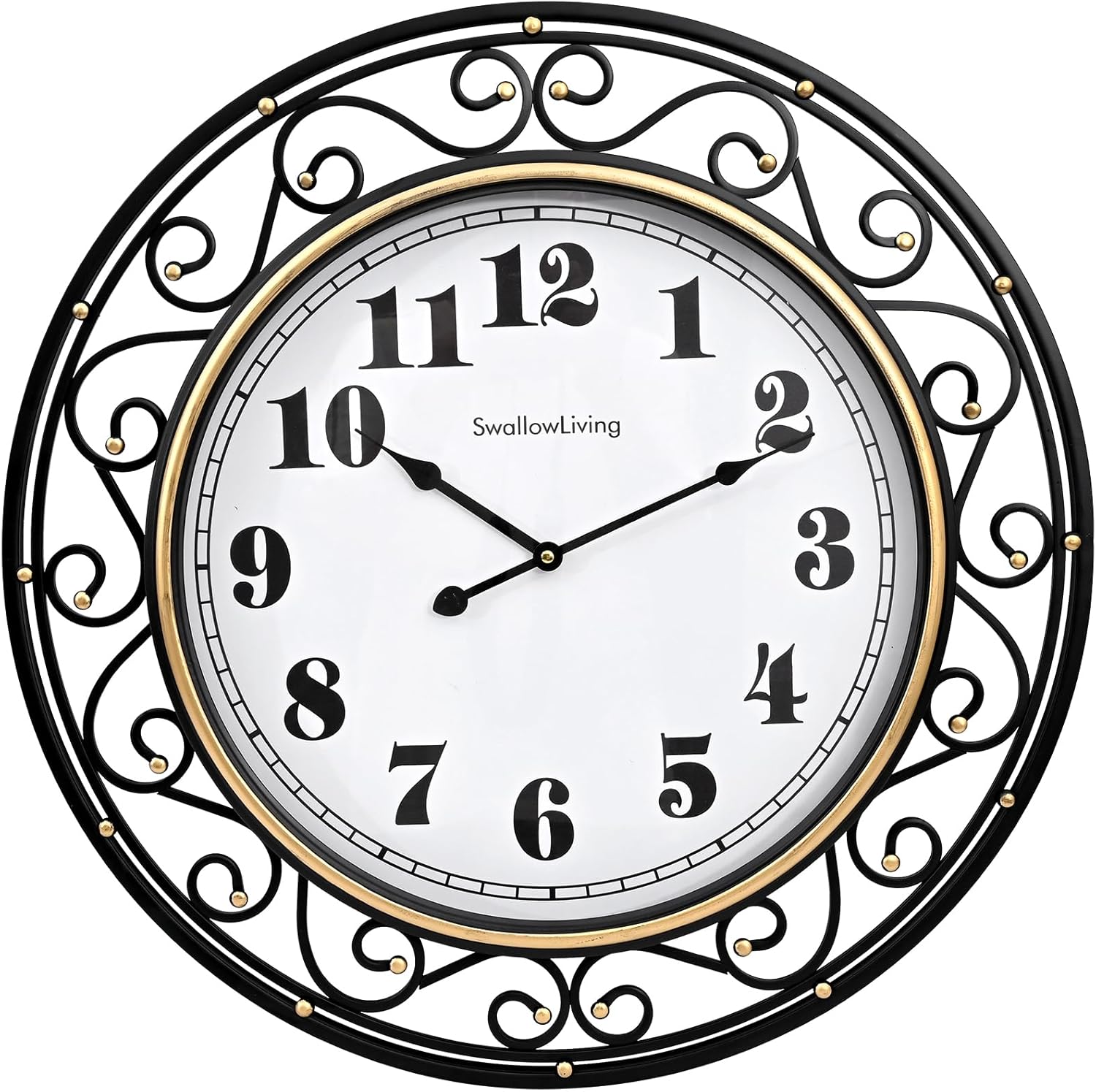 SwallowLiving 24 Inch Vintage Iron Metal Frame Wall Clock Silent, Battery Operated, Elegant Retro Decor for Living Room, Kitchen, Office, Dining Room, and Bedroom