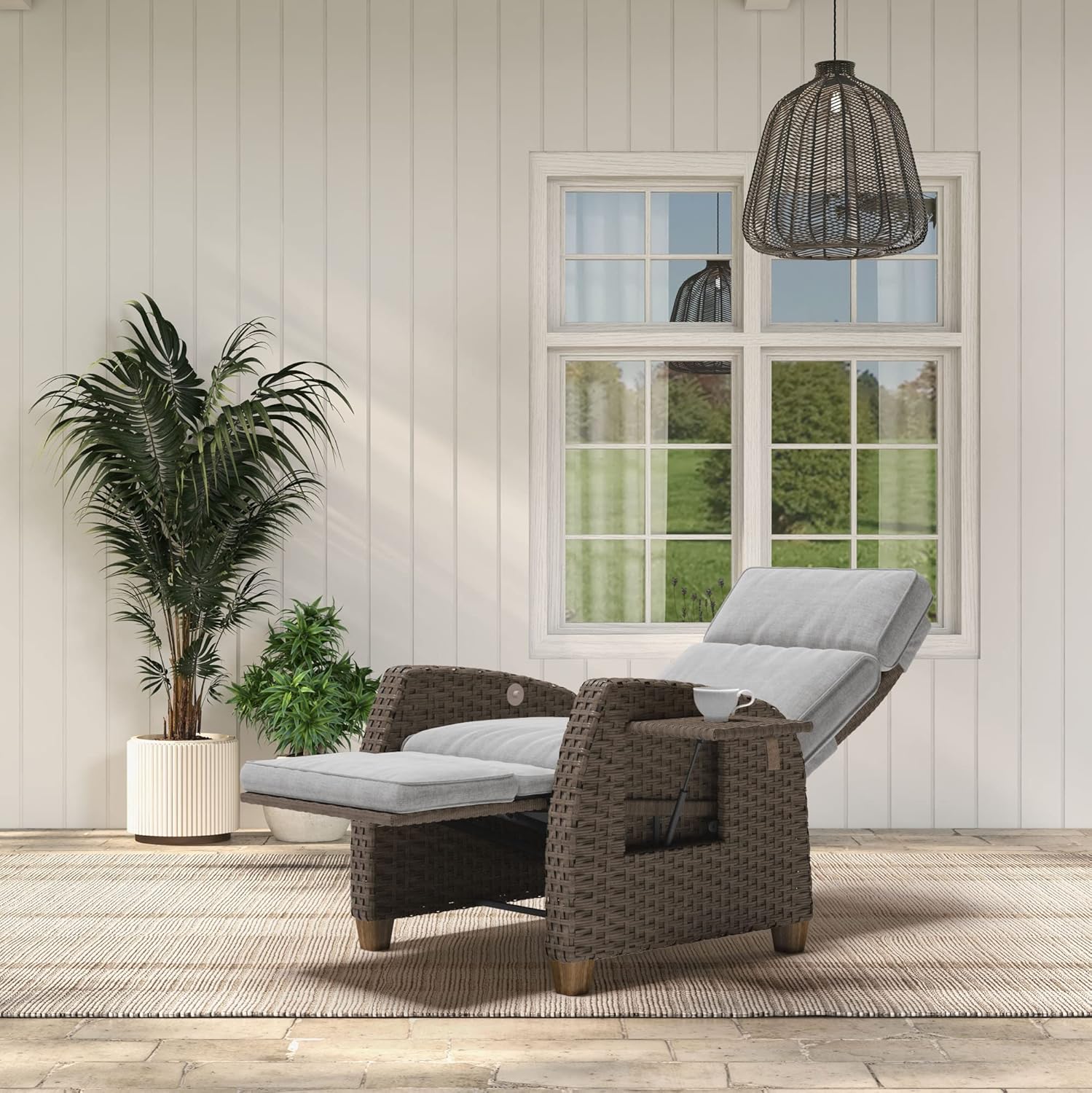 Grand patio Indoor & Outdoor Recliner Chair PE Wicker Patio Recliner with Flip Table Reclining Lounge Chair, Mist Grey