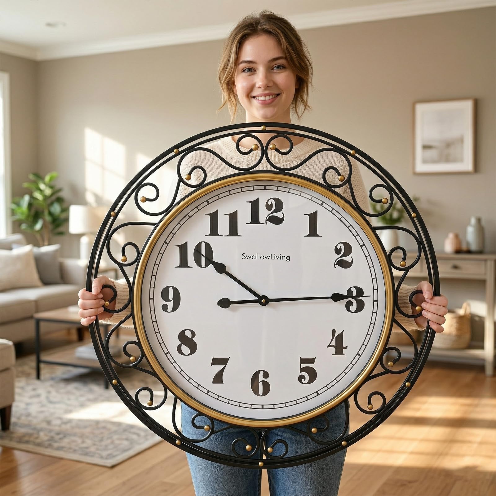 SwallowLiving 24 Inch Vintage Iron Metal Frame Wall Clock Silent, Battery Operated, Elegant Retro Decor for Living Room, Kitchen, Office, Dining Room, and Bedroom