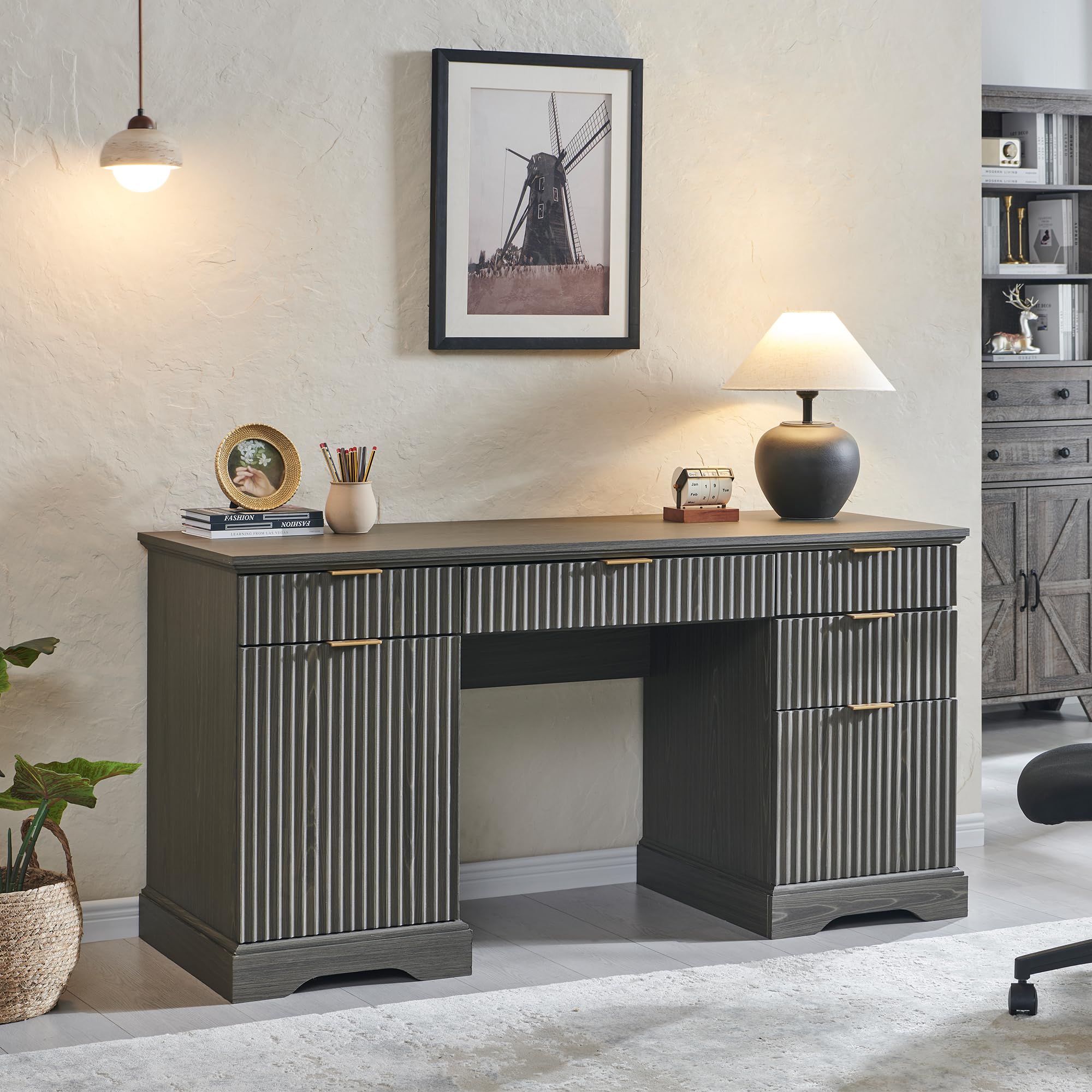JXQTLINGMU 60" Modern Executive Desk with Storage, Wood Home Office Desk with Drawer & Cabinet, Fluted Computer Writing Desk for Study, Living Room, Bedroom, Oak