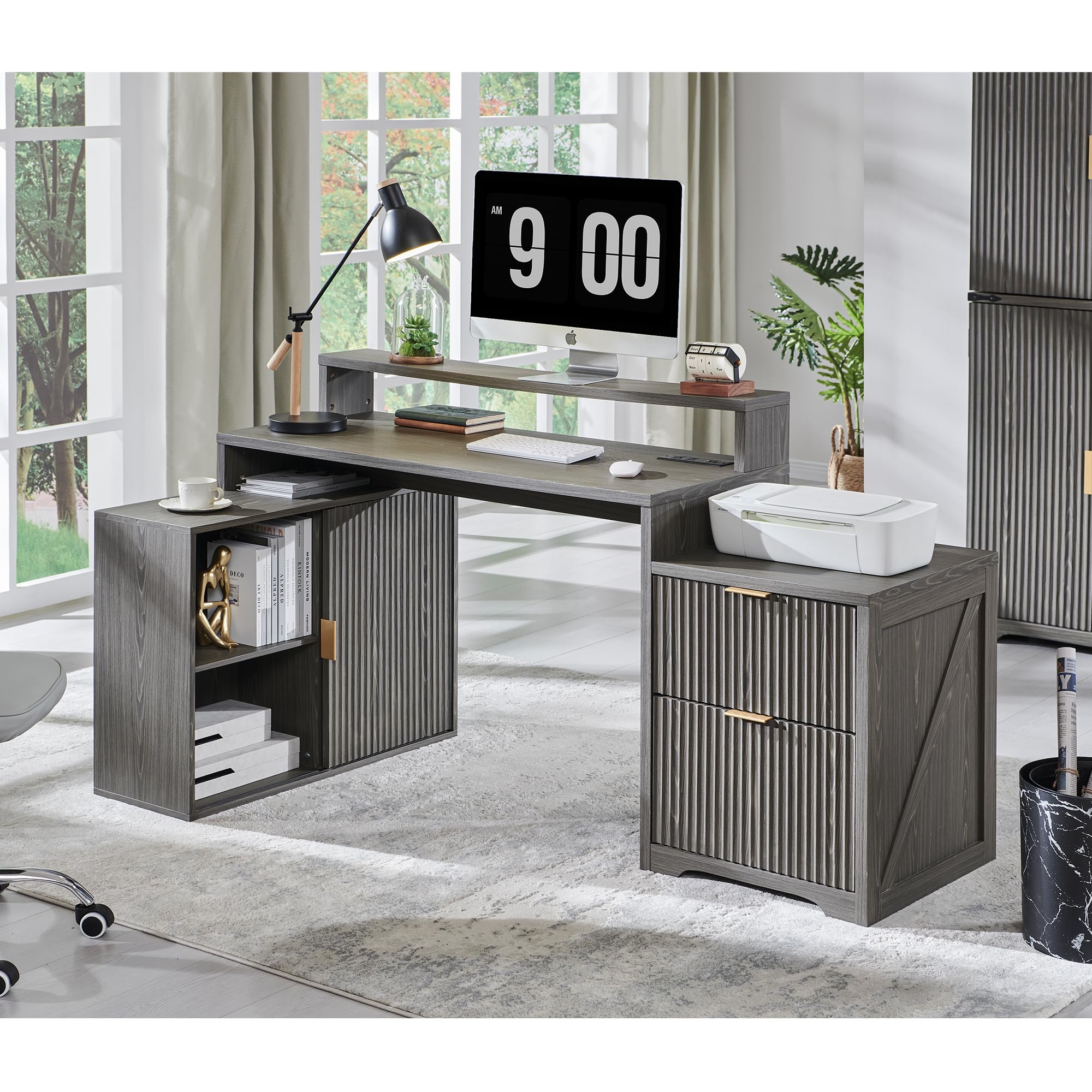 JXQTLINGMU 60" Modern Executive Desk with Storage, Wood Home Office Desk with Drawer & Cabinet, Fluted Computer Writing Desk for Study, Living Room, Bedroom, Oak