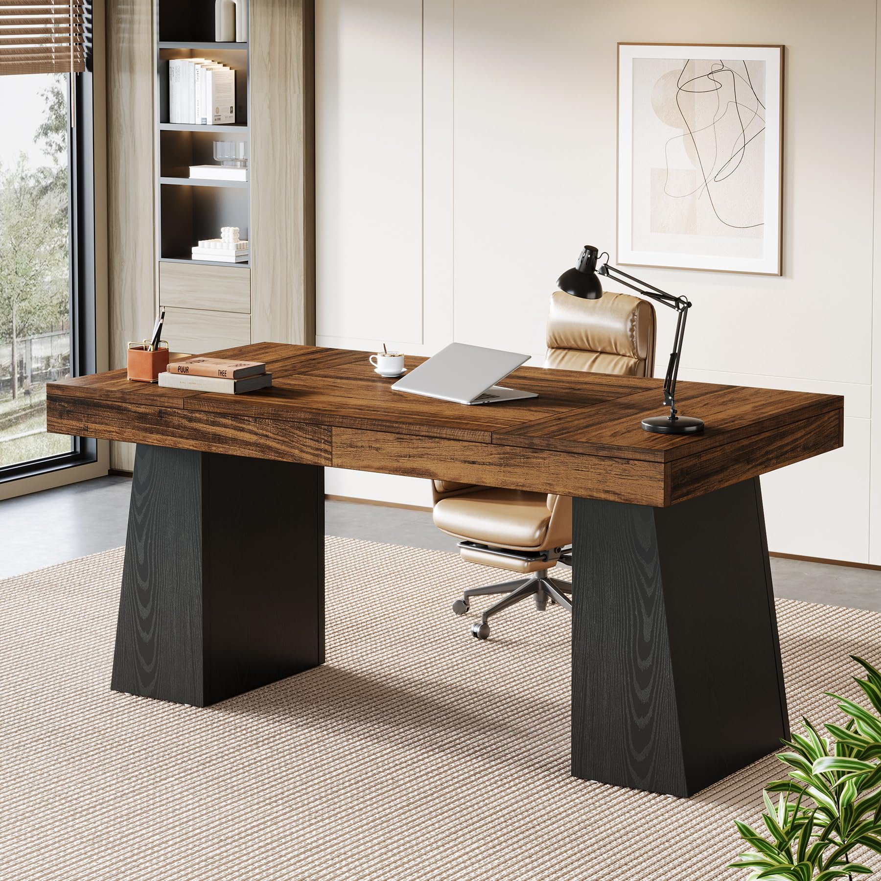 Tribesigns 55-Inch Executive Desk, Thick Wood Office Computer Desk with Double Pedestal, Modern Minimalist Workstations Writing Table Conference Table Furniture for Home Office, Light Brown