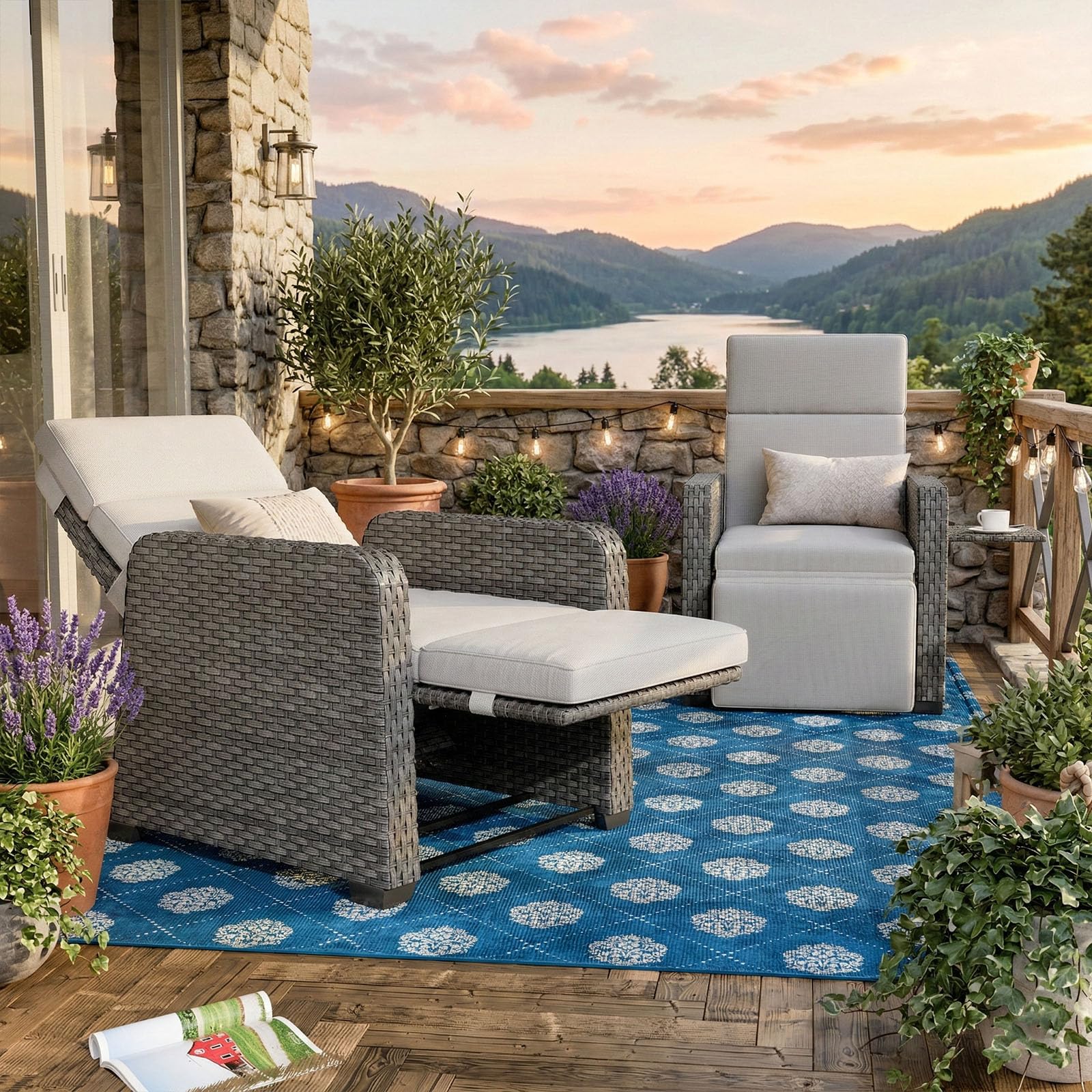 WACASA Outdoor Recliner Chair with Independent Dual-Control – 150° Lay-Flat Wicker Patio Armchair with Air Pump, Flip-Up Side Table, Extended Footrest & 5" Thick Fade-Resistant Olefin Cushions