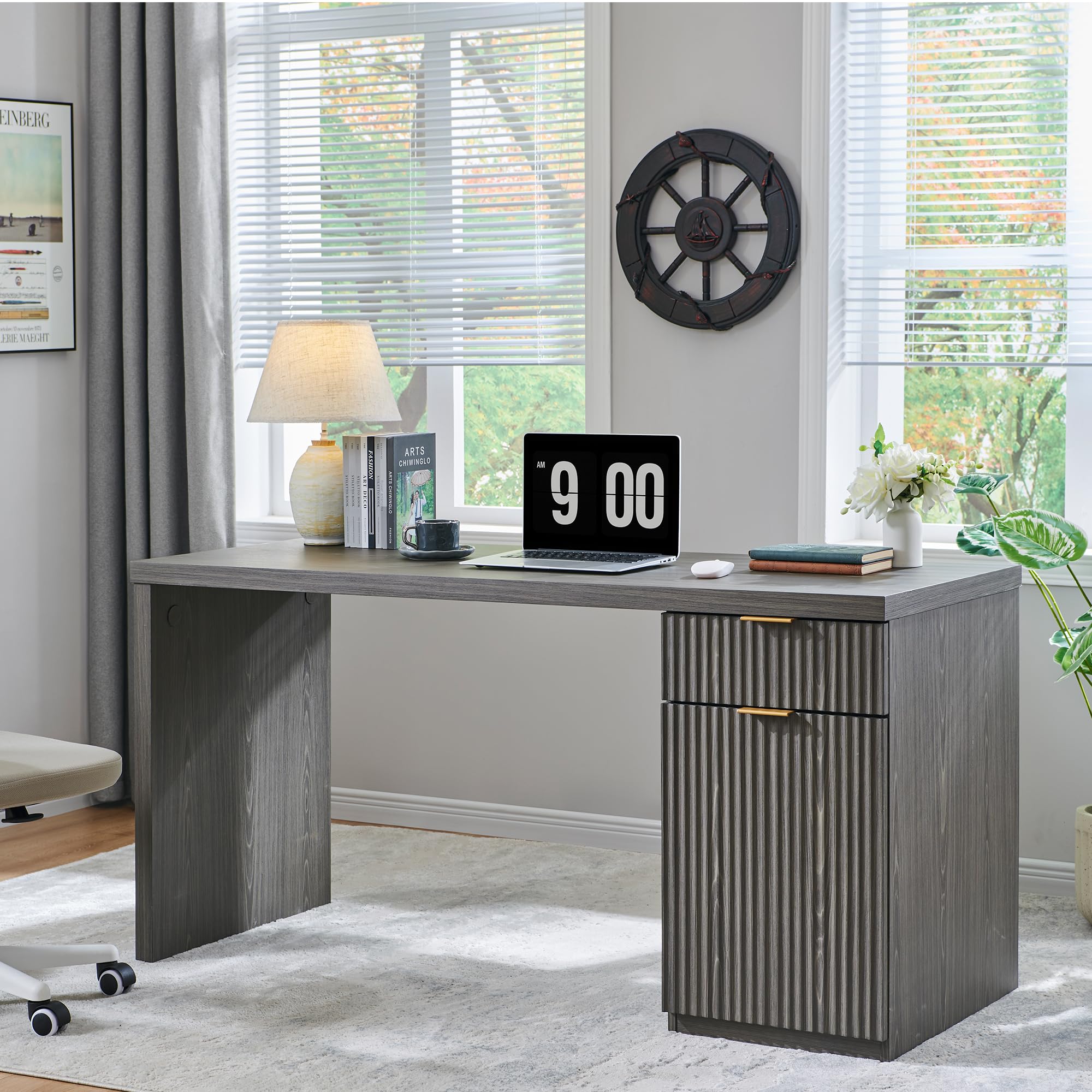 JXQTLINGMU 60" Modern Executive Desk with Storage, Wood Home Office Desk with Drawer & Cabinet, Fluted Computer Writing Desk for Study, Living Room, Bedroom, Oak