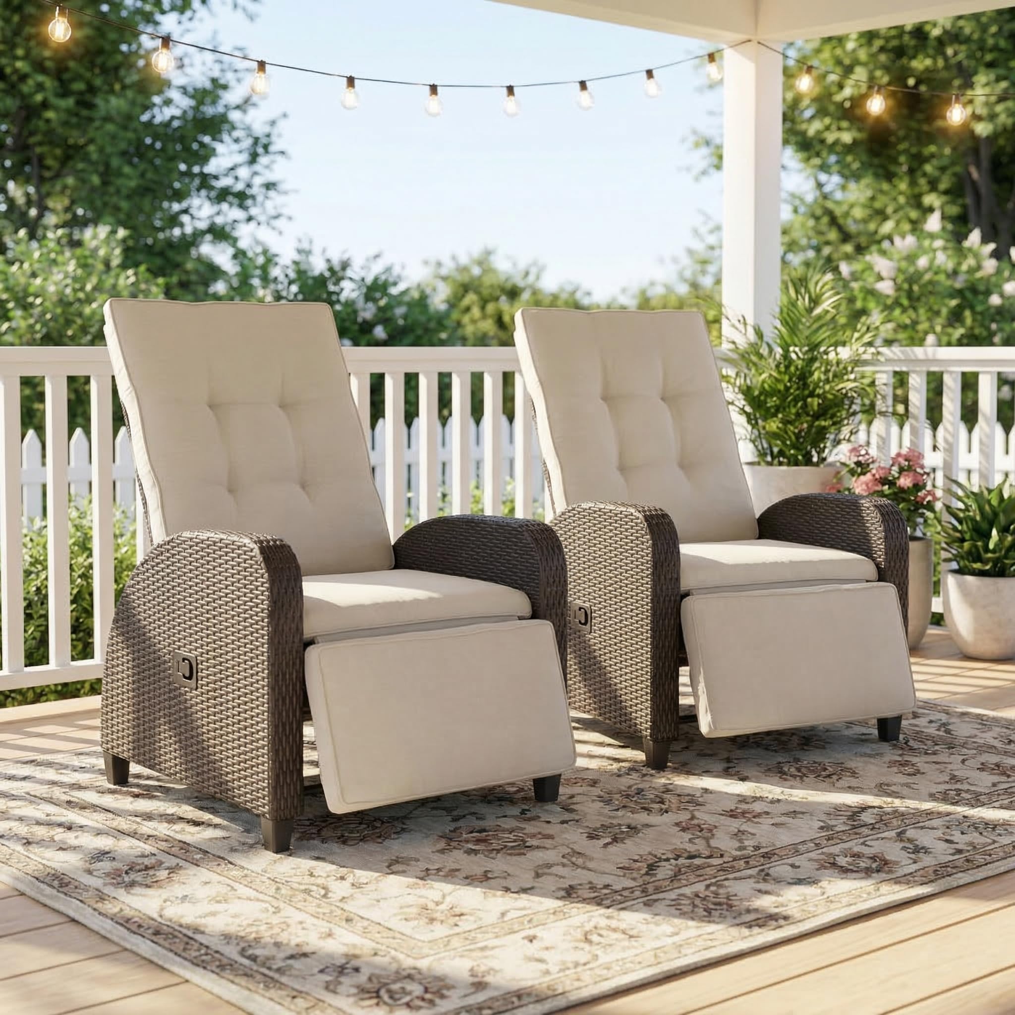 Green4ever Outdoor Patio Recliner with Adjustable Backrest and Footrest, All-Weather Wicker Patio Chair, 160° Lay Flat Patio Reclining Lounge Chair for Garden Backyard, Beige