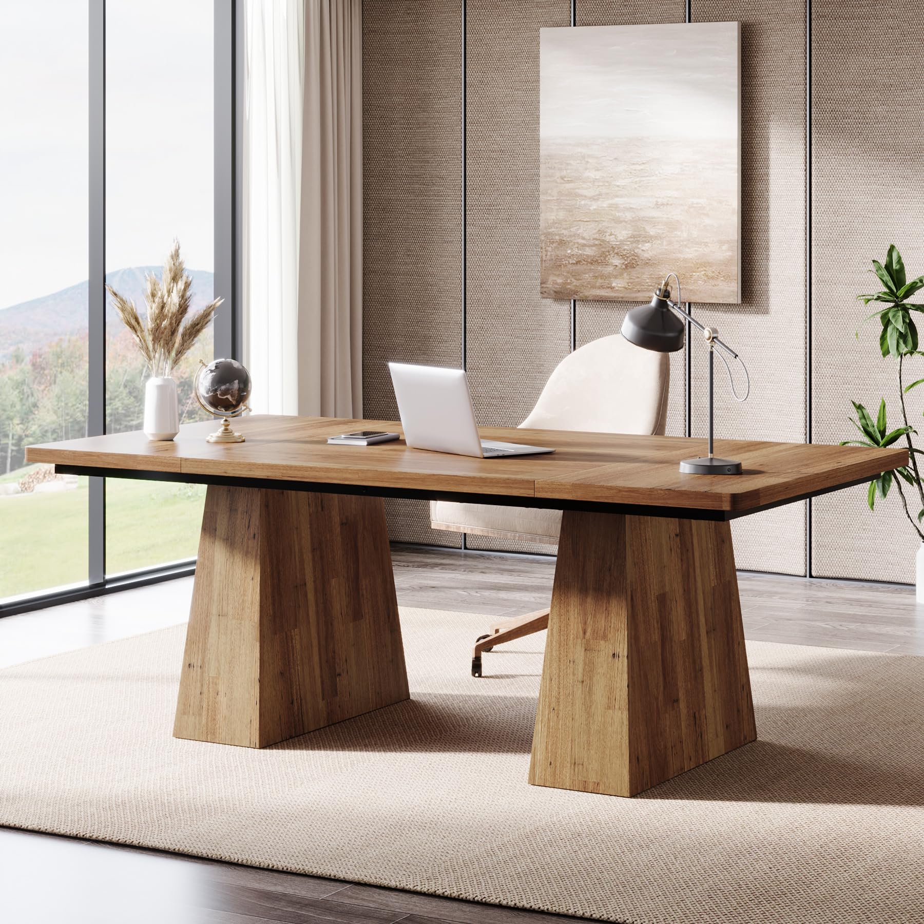 Tribesigns 63-Inch Executive Desk, Large Office Computer Desk with Double Pedestal, Modern Simple Workstations Writing Table Conference Table Business Furniture for Home Office, Natural