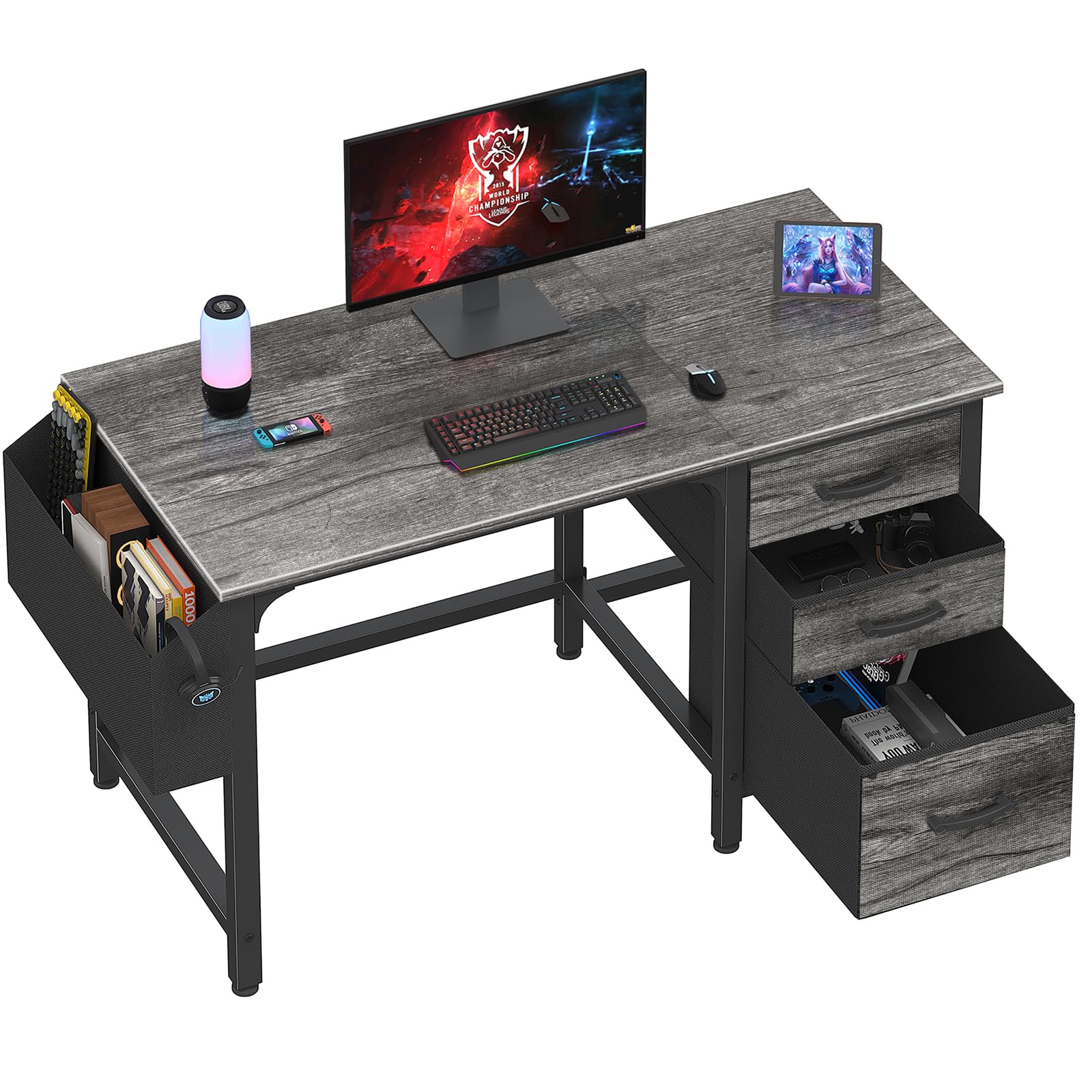 Lufeiya White Desk with File Drawers Cabinet, 47 Inch Reversible Computer Desk with Fabric Filing Cabinet for Bedroom Small Space Home Office, Modern Writing Table PC Desks, White