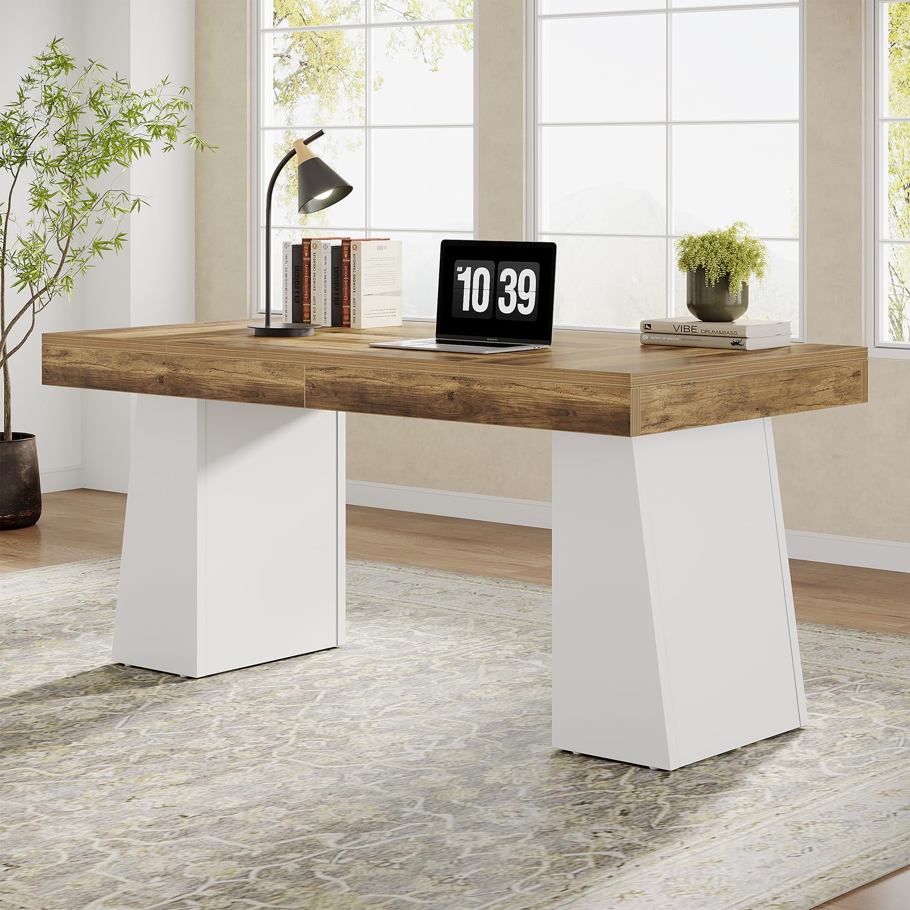 Tribesigns 55" Executive Desk, Wooden Office Desk with Double Pedestal, Modern Simple Computer Writing Table for Home Office, Light Brown