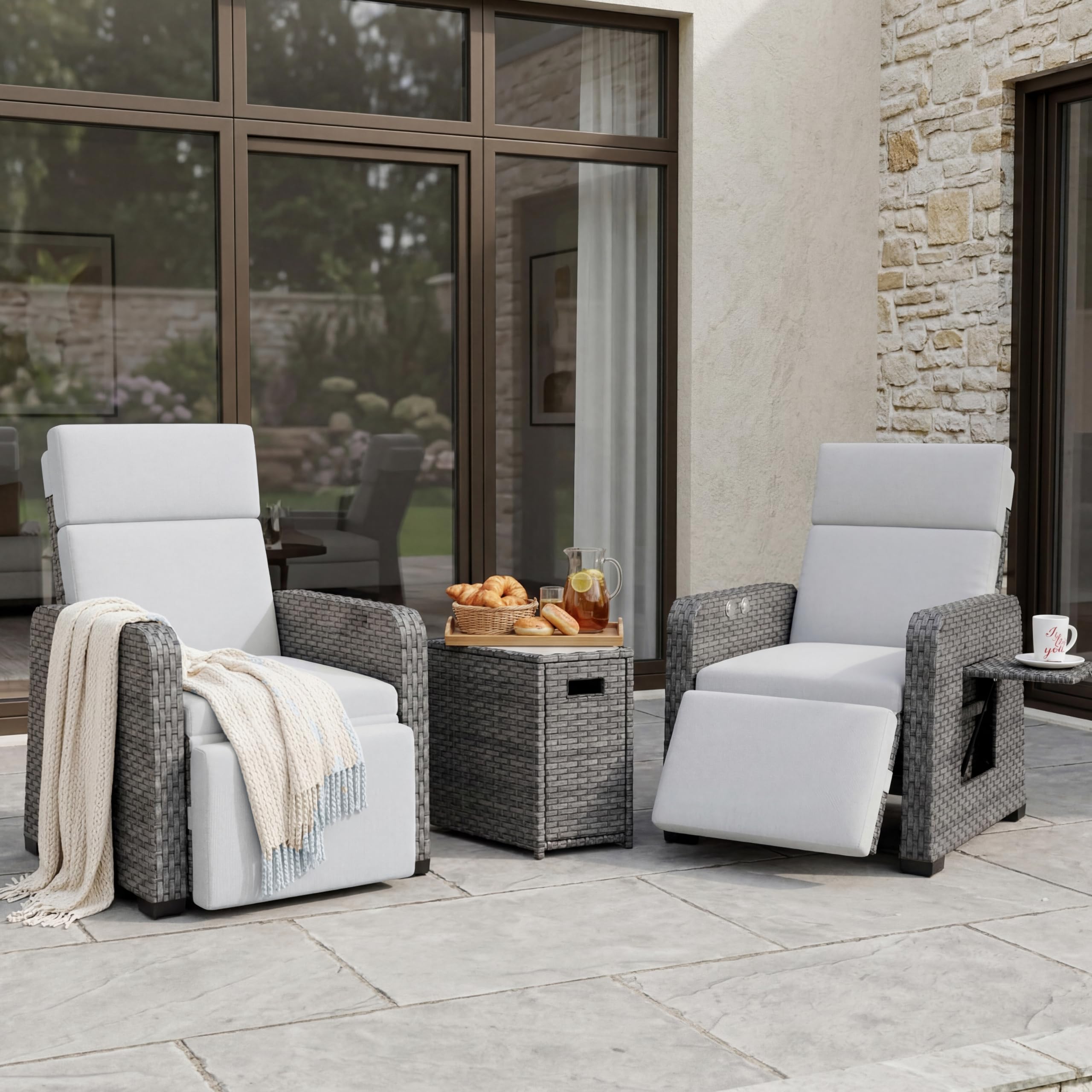 Restland Outdoor Recliner with Independent Adjustable Back & Footrest Wicker Patio Reclining Chair with Flip Table Comfortable Lounge Chair & Thick Cushion for Deck, Porch (Grey)