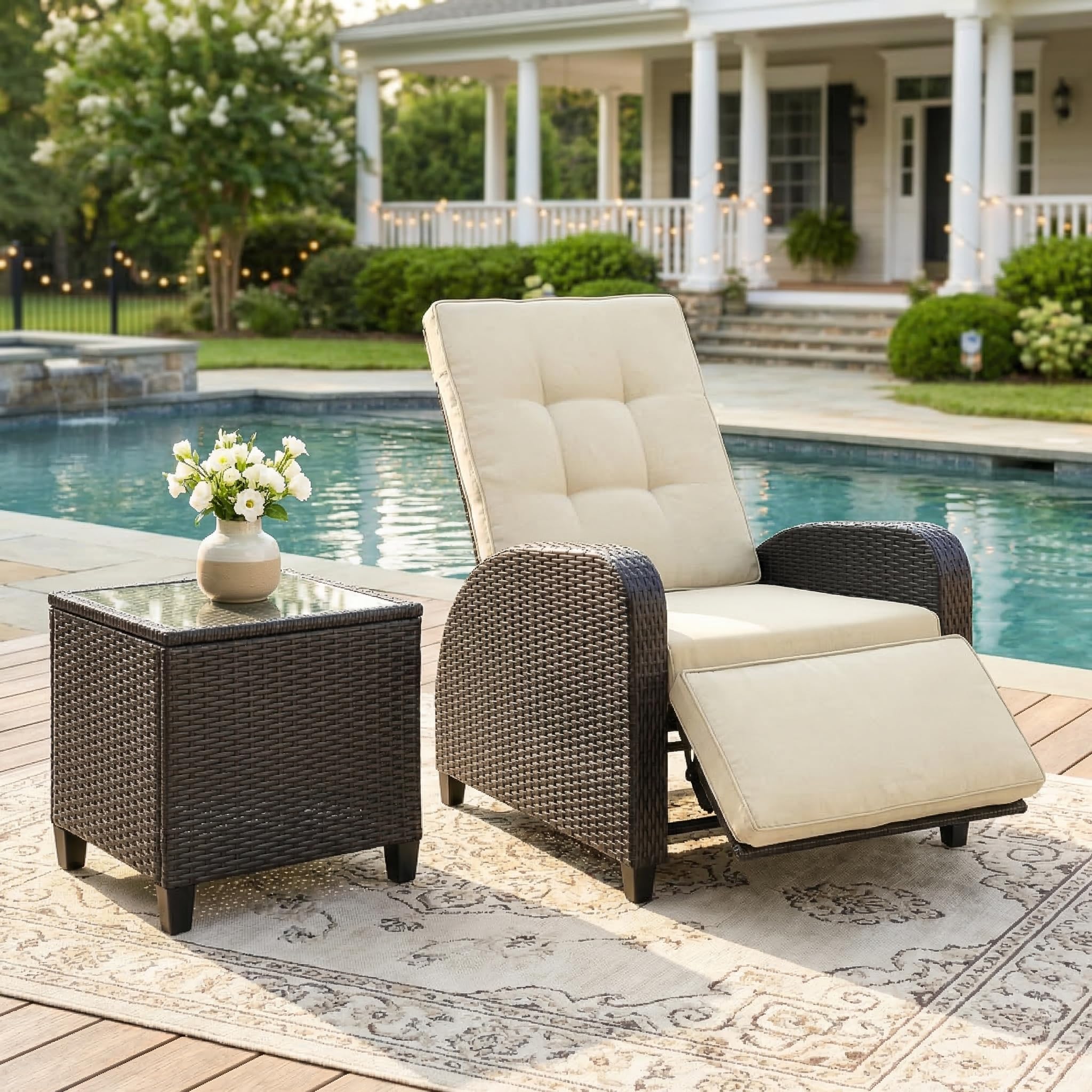 Green4ever Outdoor Patio Recliner with Adjustable Backrest and Footrest, All-Weather Wicker Patio Chair, 160° Lay Flat Patio Reclining Lounge Chair for Garden Backyard, Beige