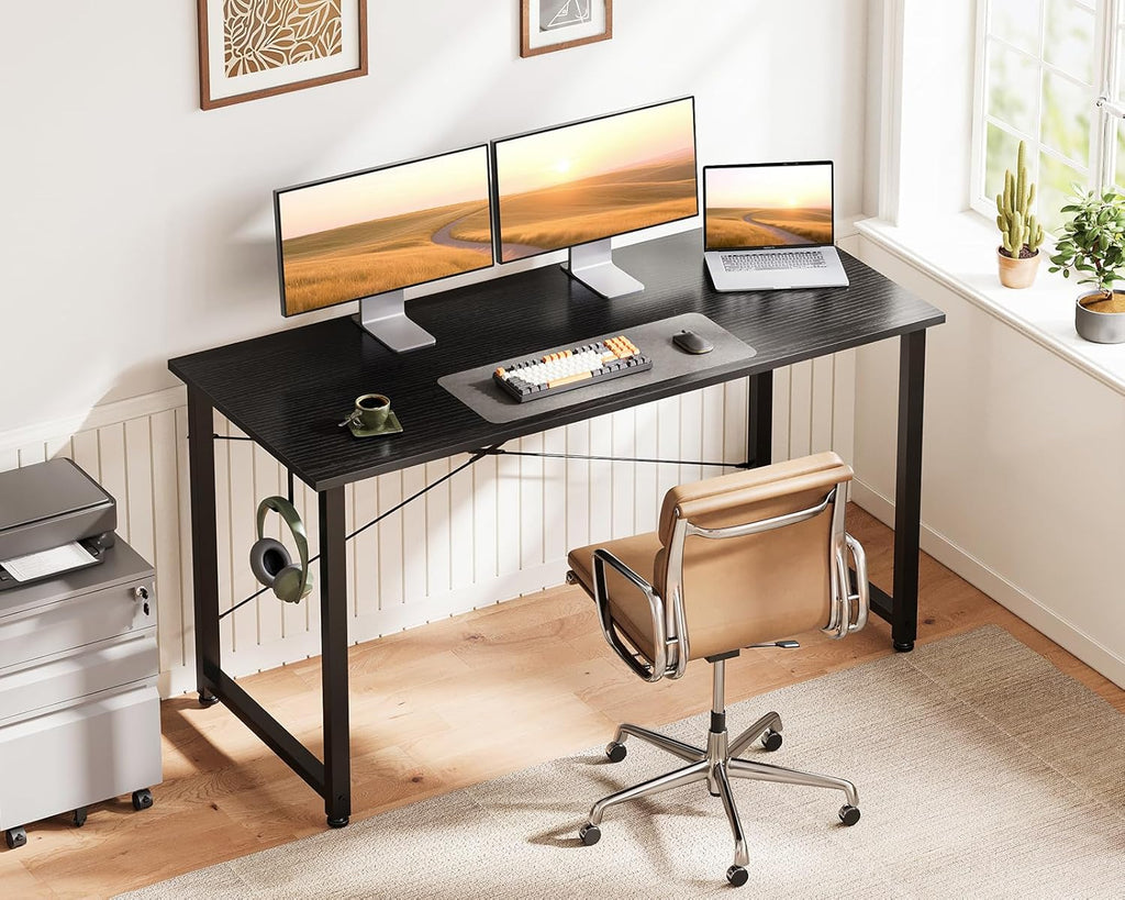 Casaottima 48 Inch Small Computer Desk for Home Office, Study Writing Table for Small Spaces, Simple Modern Desk with Headphone Hooks, Pure Black