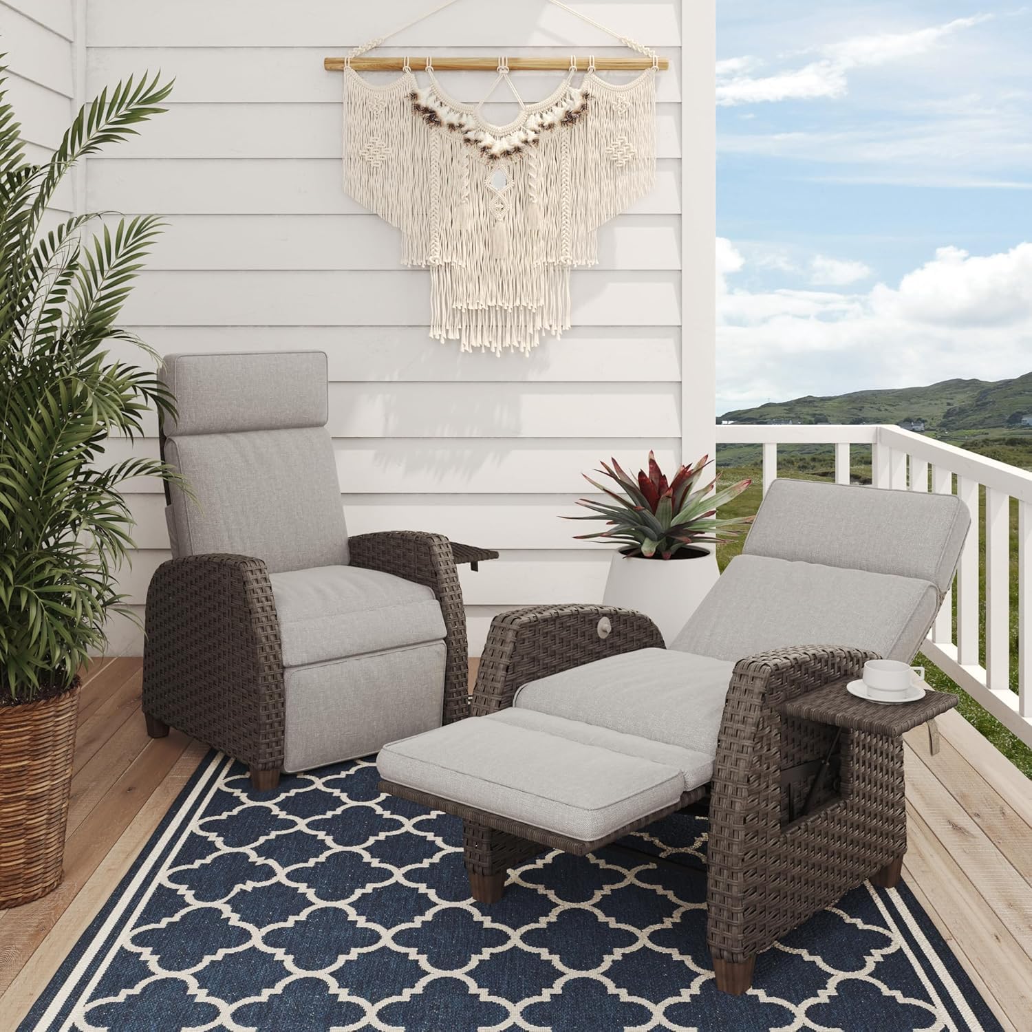Grand patio Indoor & Outdoor Recliner Chair PE Wicker Patio Recliner with Flip Table Reclining Lounge Chair, Mist Grey