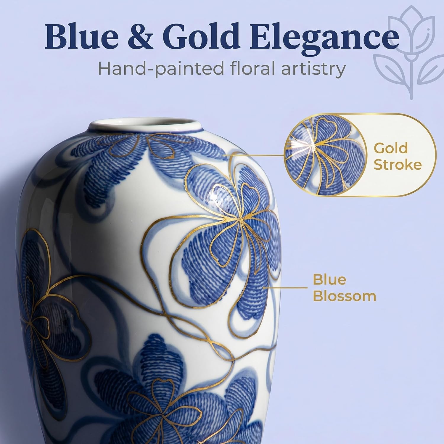Blue and White Ceramic Vase for Home Decor – Hand-Painted Porcelain Flower Vase with Gold Accents – Chinoiserie-Inspired Home Decor Vases – 9" for Table, Shelf, or Mantel