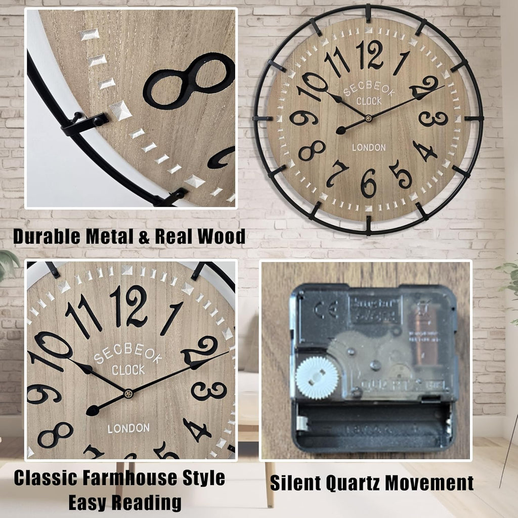 24 Inch Large Farmhouse Wall Clock, Metal Rustic Wood with Silent Quartz Movement, Easy Read Arabic Numerals, Battery Powered Round Decorative Wall Clock for Living Room Bedroom Kitchen Office