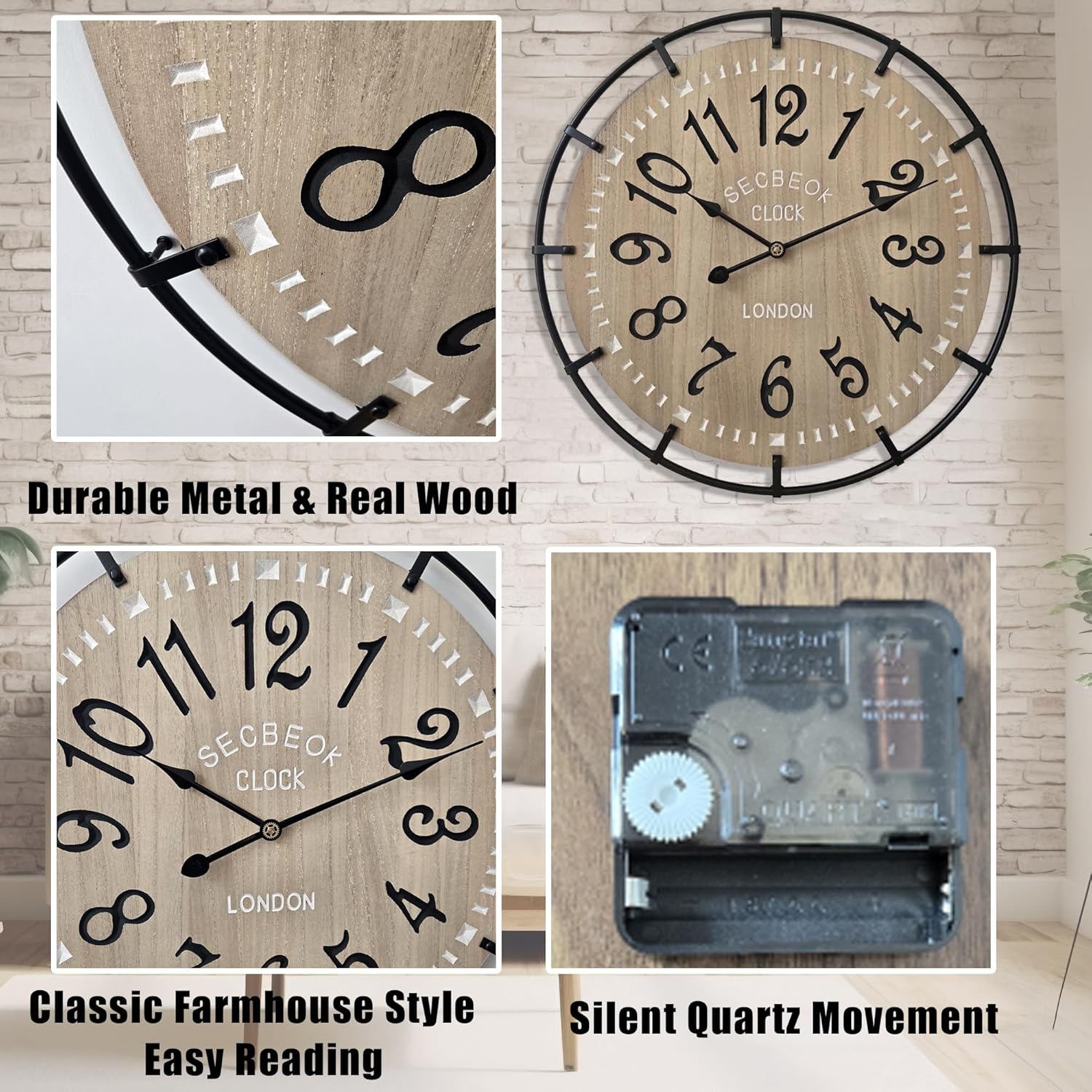 24 Inch Large Farmhouse Wall Clock, Metal Rustic Wood with Silent Quartz Movement, Easy Read Arabic Numerals, Battery Powered Round Decorative Wall Clock for Living Room Bedroom Kitchen Office