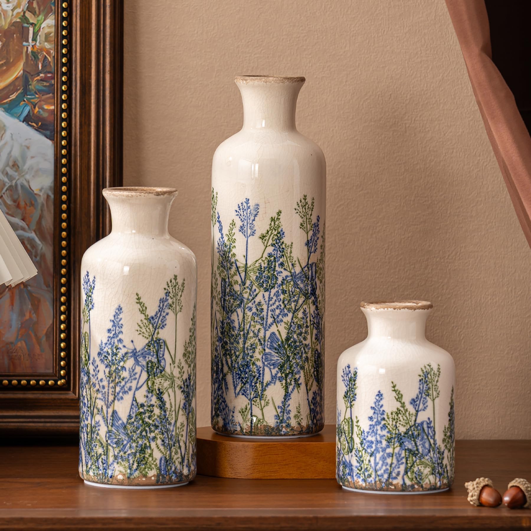 Vintage Ceramic Pitcher Vase with Handle 10.5”, Green & Pink Floral Farmhouse Vase, Chinoiserie Decorative Centerpiece for Living Room, Bookshelf