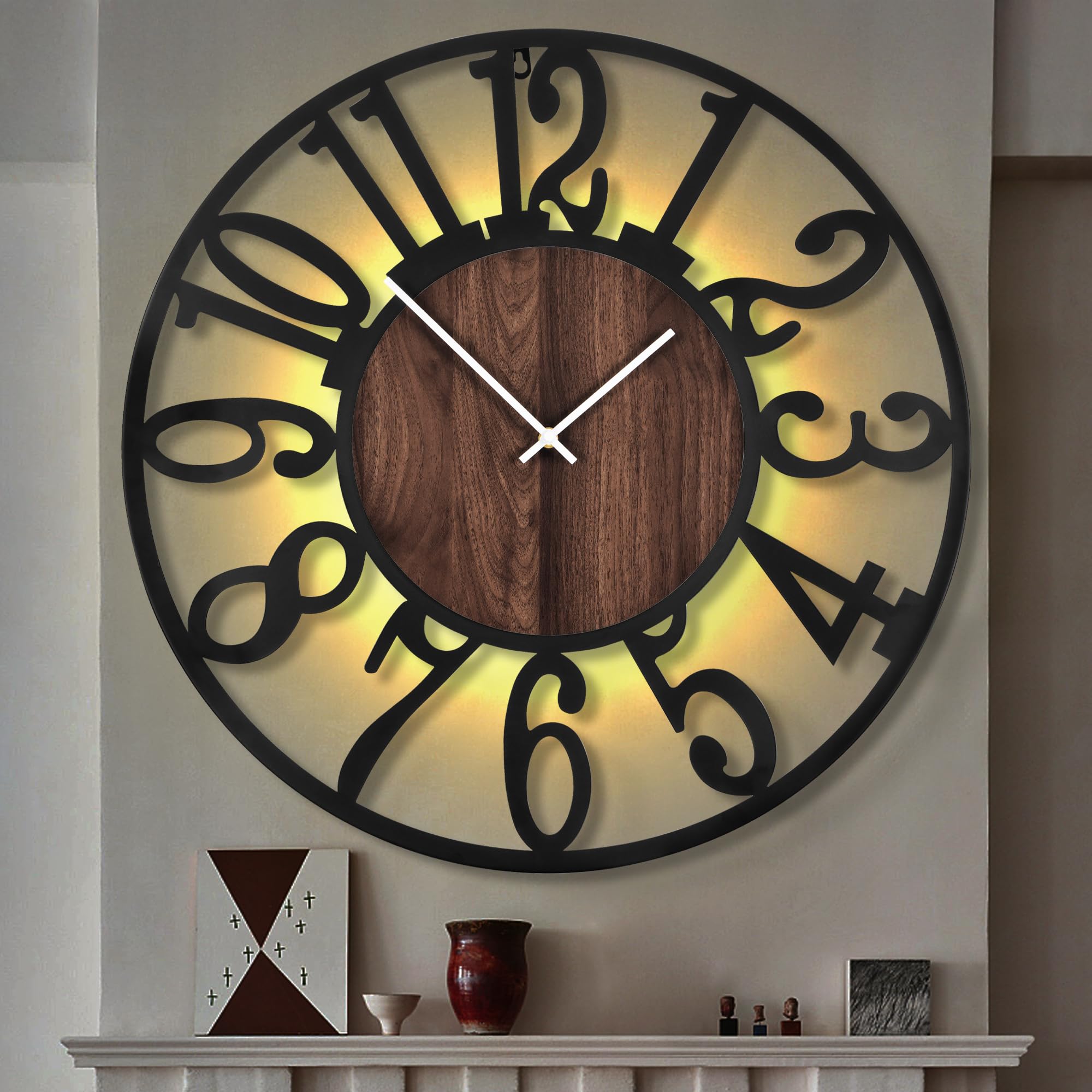 LEIKE Large Wall Clocks,Silent,Non Ticking,Battery Operated Small Vintage Round Modern Metal Wall Clock for Living Room, Bedroom,Kitchen,Farmhouse,Office Decor-13.5 Inch(Black-Arabic Number)