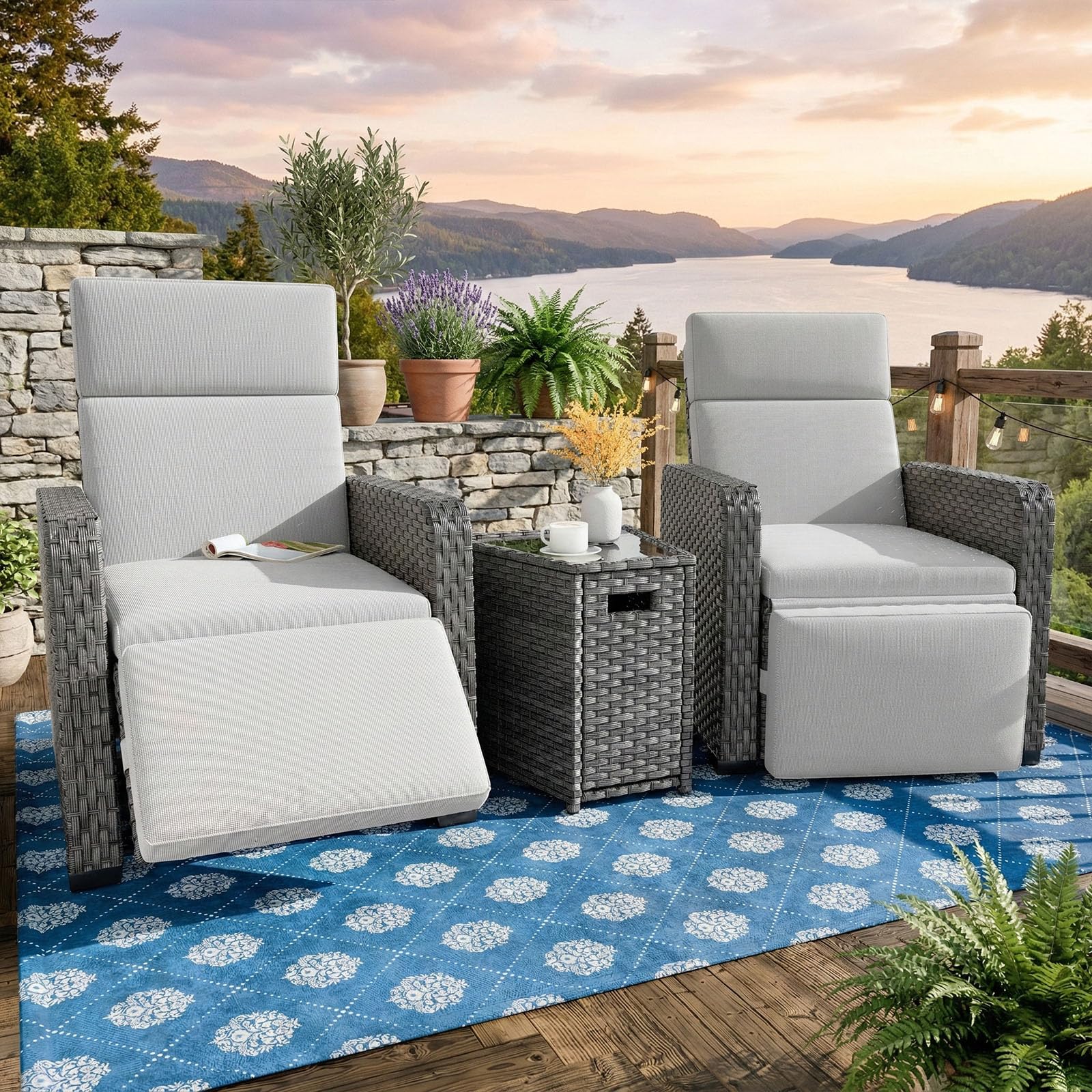 WACASA Outdoor Recliner Chair with Independent Dual-Control – 150° Lay-Flat Wicker Patio Armchair with Air Pump, Flip-Up Side Table, Extended Footrest & 5" Thick Fade-Resistant Olefin Cushions