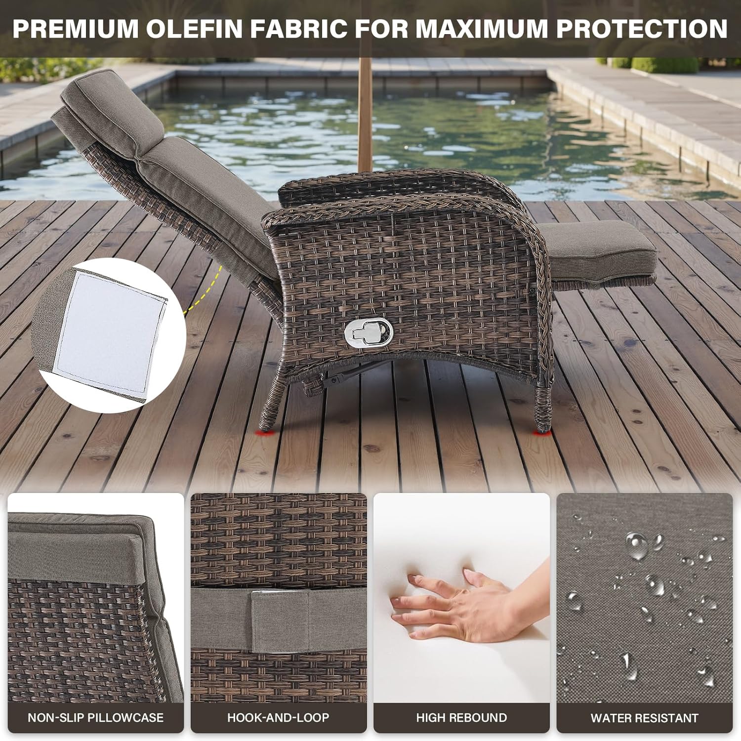Belord Versatile Outdoor Recliner Chair - 2 Piece Reclining Patio Chair with Adjustable Backrest and Footrest, All-Weather Wicker Chaise Lounge Chair Outdoor for Pool Deck Brown