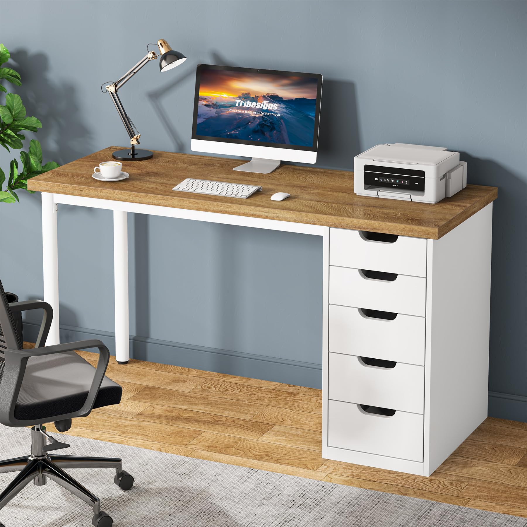 Tribesigns Computer Desk with 5 Drawers, 47 inches Rustic Brown Home Office Desk with Storage, Modern Simple Laptop Desk Study Writing Table for Small Spaces (1, Brown+Black)