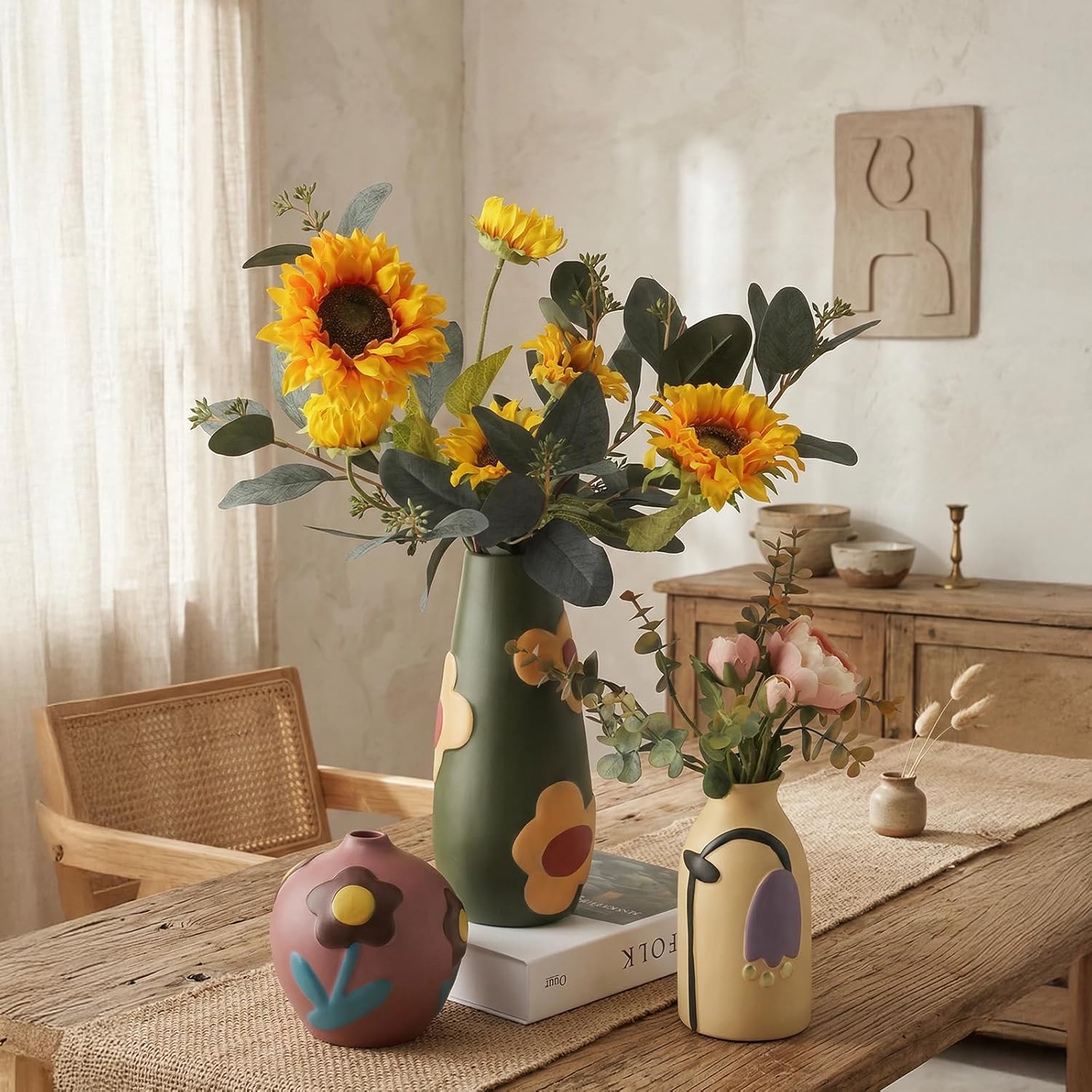 Vintage Ceramic Vase, Minimalist Texture Stone Patterned White Flower Vase, Decorative Vase for Living Room Shelf Farmhouse Dining Table Centerpiece Decor (Colorful Rustic-3 Pack)