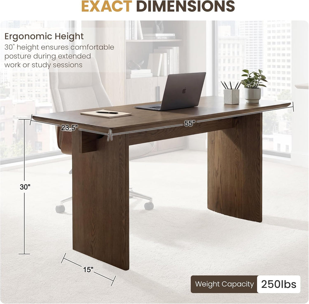 HNY 55" Modern Minimalist Desk Spacious Home Office Desk with Sturdy Two-Pedestal Design Natural Walnut Finish for Work, Study & Gaming