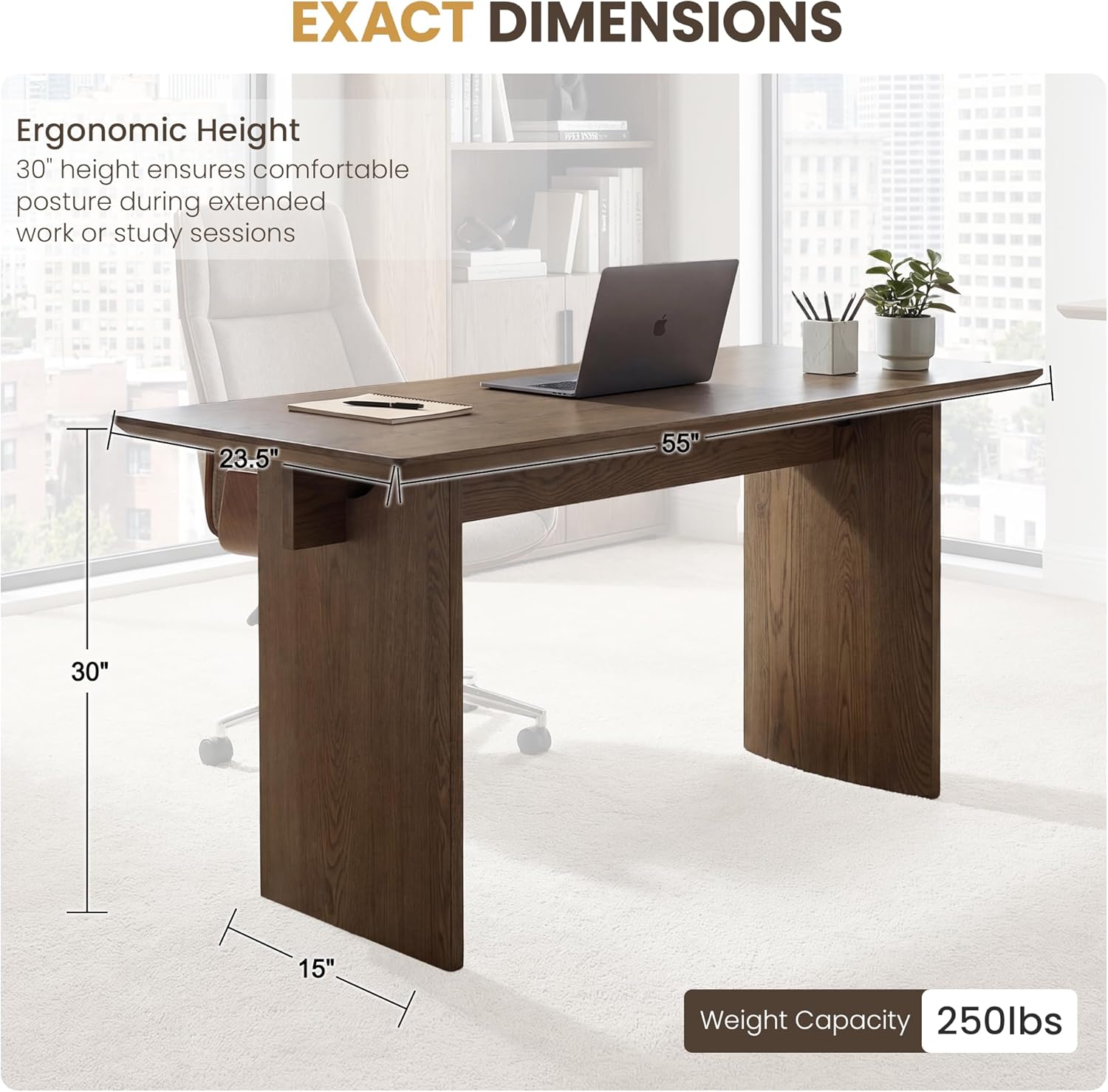 HNY 55" Modern Minimalist Desk Spacious Home Office Desk with Sturdy Two-Pedestal Design Natural Walnut Finish for Work, Study & Gaming