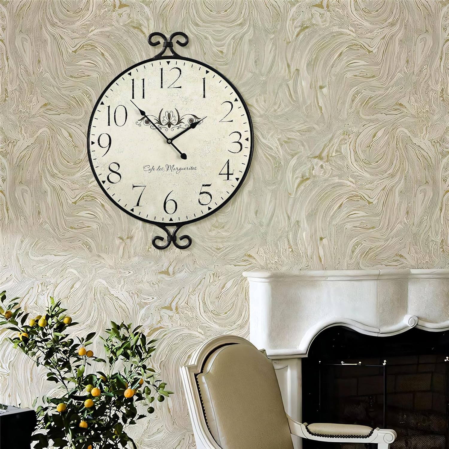 Farmhouse Wall Clock, 17H×13.4D Inch, Wrought Iron Frame with Warm Gray Finish, Vintage Wall Clock Silent Battery Operated Wall Clocks for Home Living Room Kitchen Bedroom