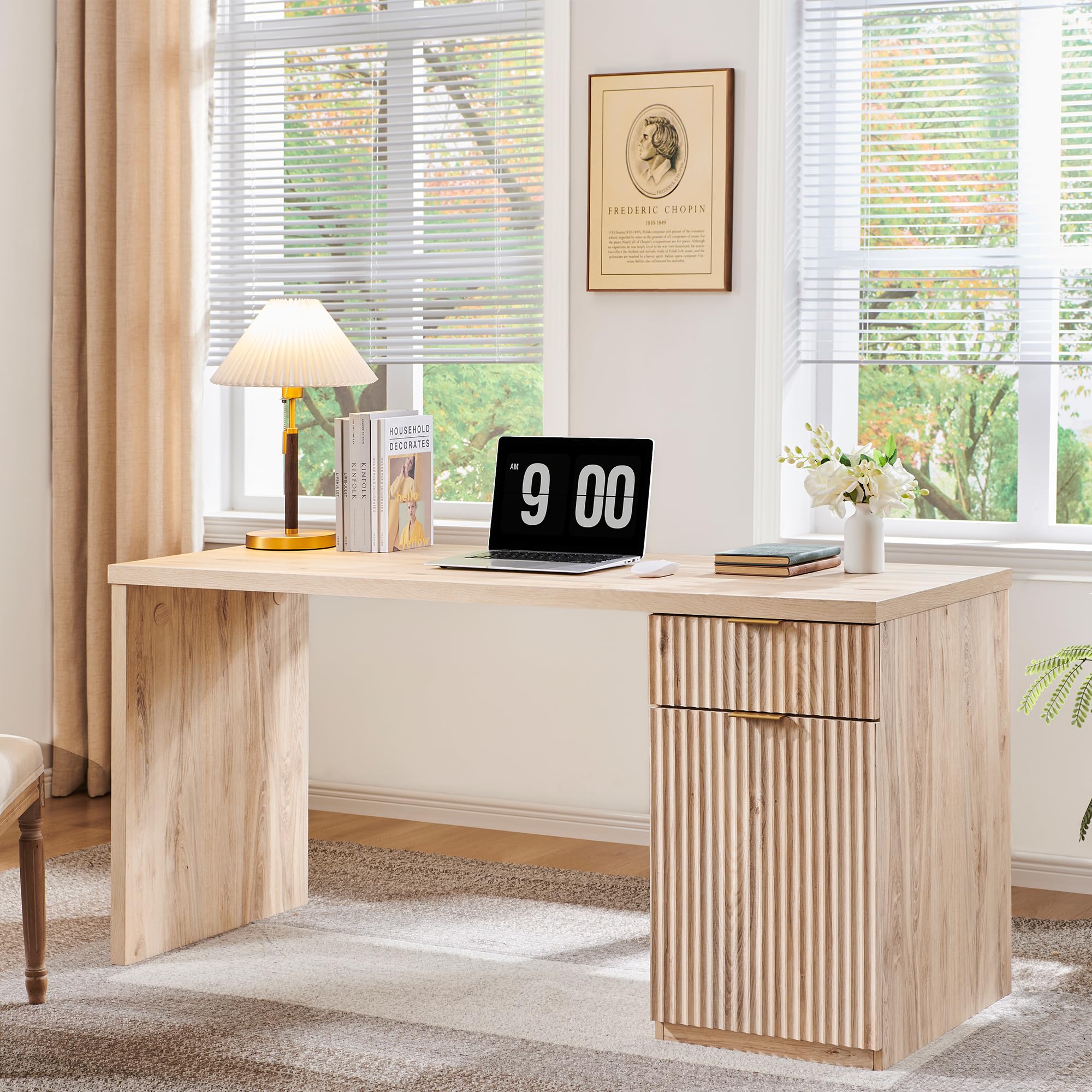 JXQTLINGMU 60" Modern Executive Desk with Storage, Wood Home Office Desk with Drawer & Cabinet, Fluted Computer Writing Desk for Study, Living Room, Bedroom, Oak
