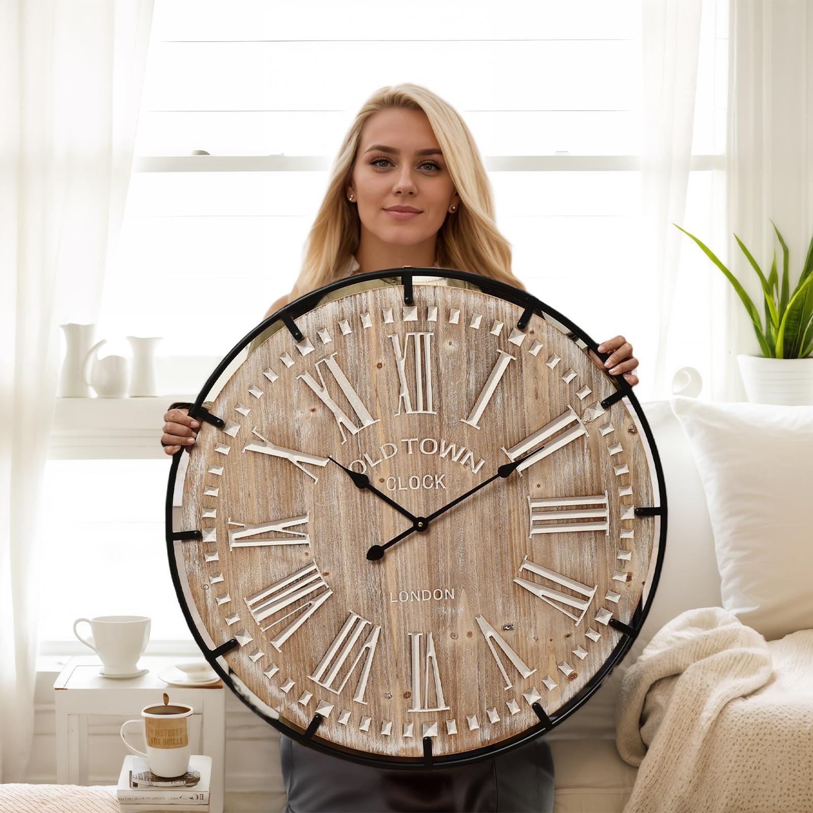 EMAX HOME 24 Inch Large Farmhouse Wall Clock, Rustic Antique Wood with Metal Circle and Large Engraved Numerals, Silent Battery Operated Wall Clock for Office Kitchen Bedroom Living Room