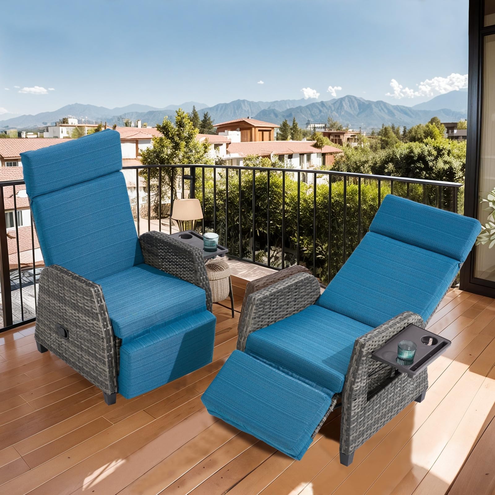 Outdoor Patio Recliner Chair, 180° Flat Recliner with Flip Table & Adjustable Backrest, Rattan Reclining Lounge Chair, Wicker Balcony Recliner, Blue