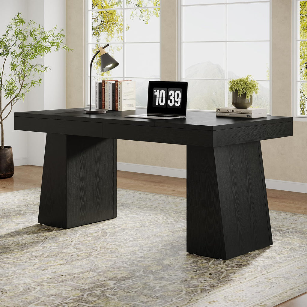 Tribesigns 55" Executive Desk, Wooden Office Desk with Double Pedestal, Modern Simple Computer Writing Table for Home Office, Light Brown