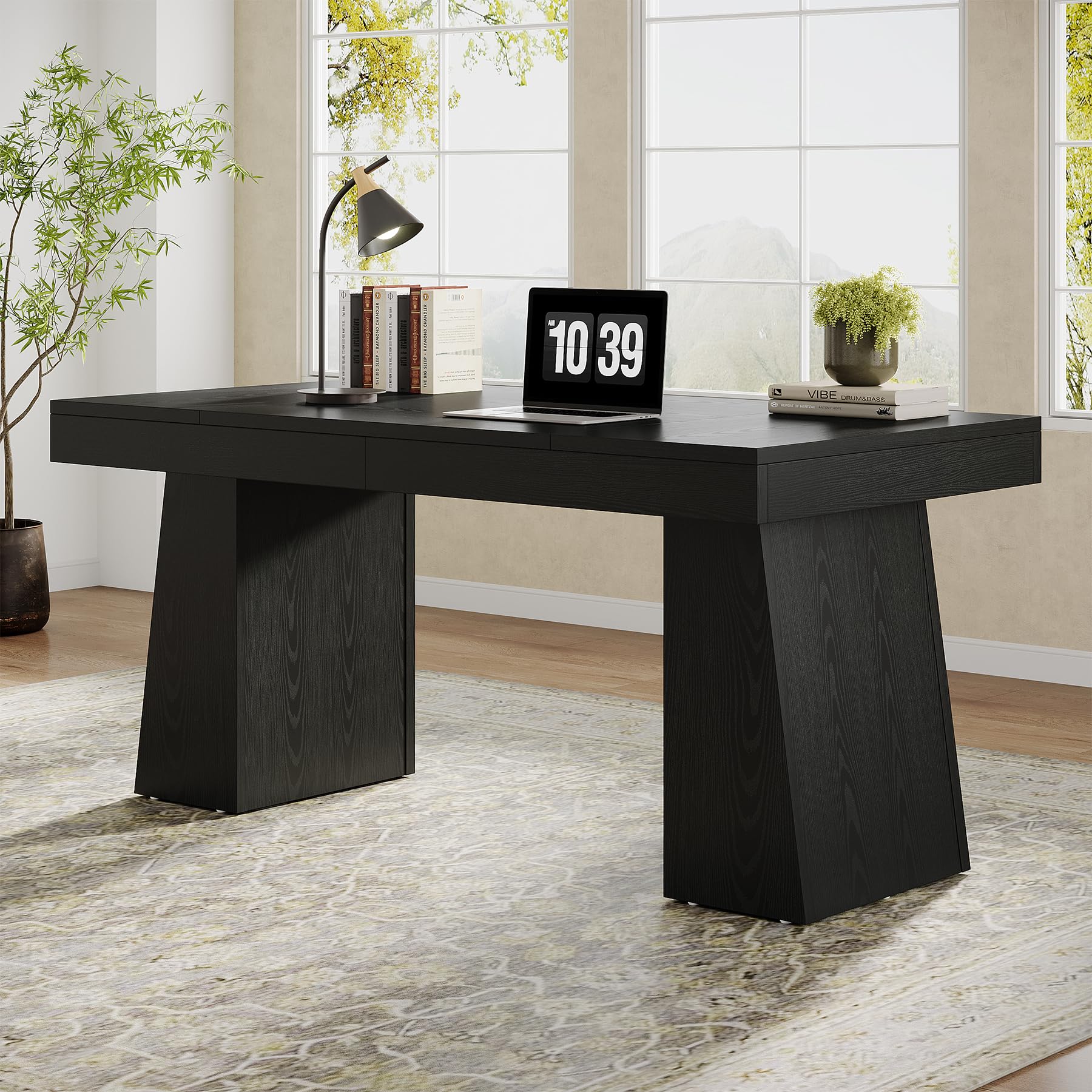 Tribesigns 55" Executive Desk, Wooden Office Desk with Double Pedestal, Modern Simple Computer Writing Table for Home Office, Light Brown