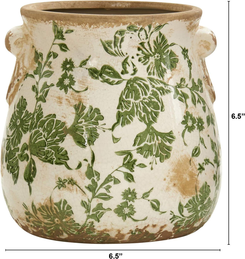 Nearly Natural 6.5in Ceramic Decorative Vase Tuscan Style Green Floral Scroll Design for Indoor Home Decor Centerpieces Tables Small Flower Vases