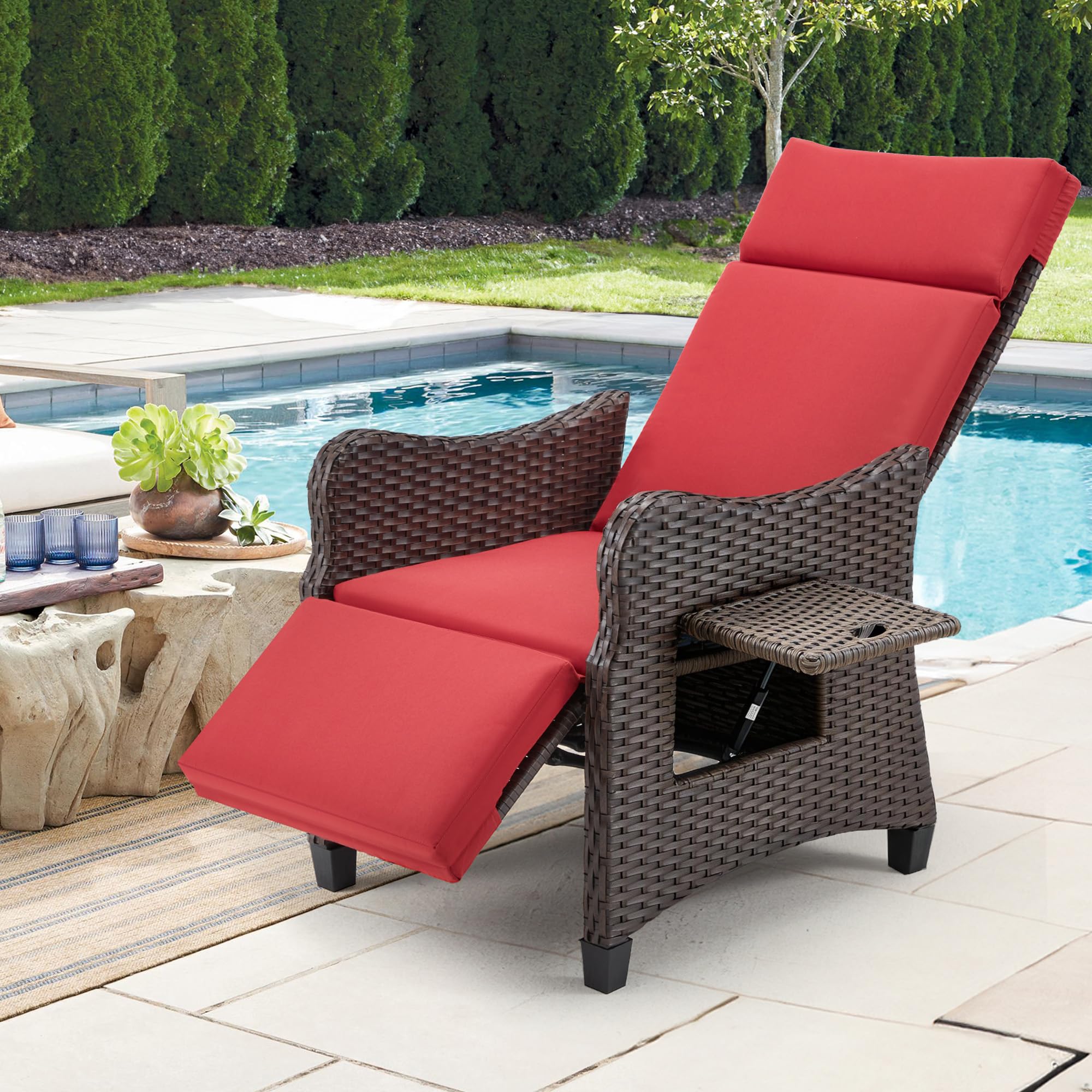 HOMREST Outdoor Recliner Chair, Wicker Reclining Chair for Patio with Adjustable Backrest up to 150°, Rattan Armchair with Integrated Footrest & Removable Cushion for Garden, Light Gray