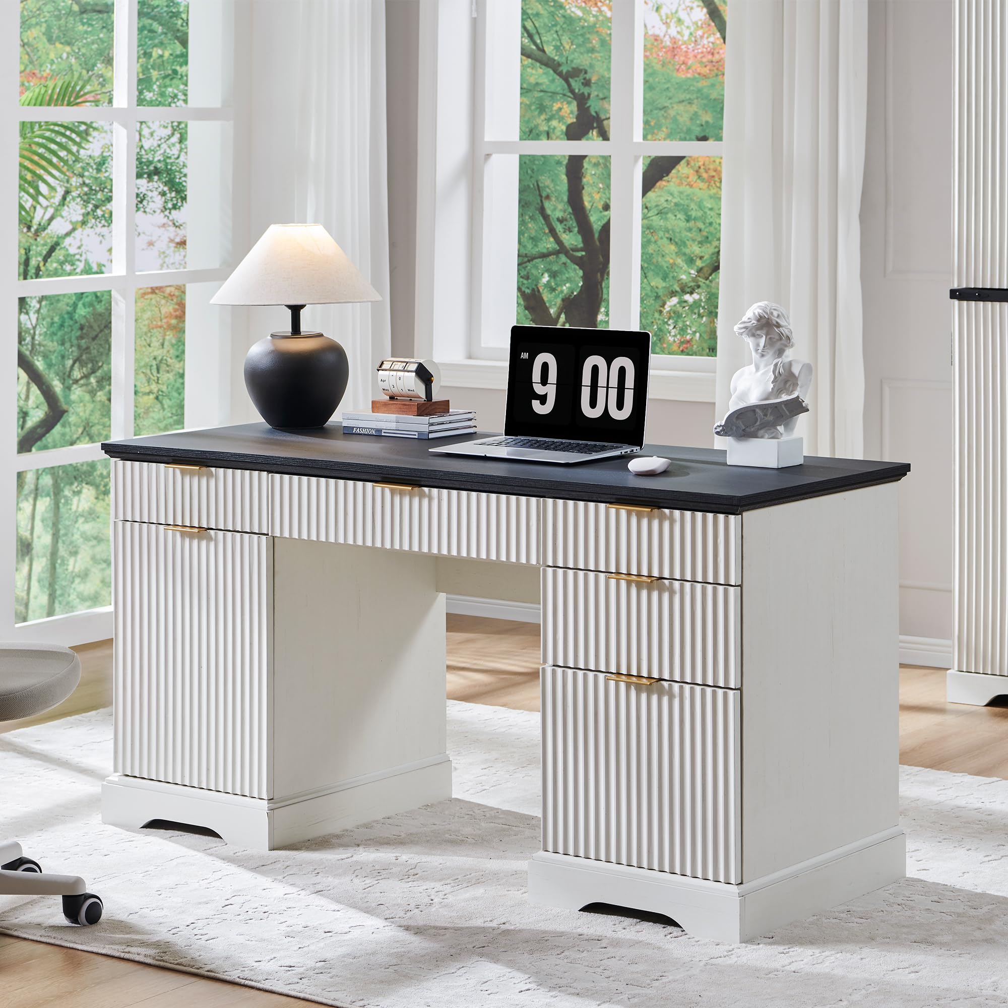 JXQTLINGMU 60" Modern Executive Desk with Storage, Wood Home Office Desk with Drawer & Cabinet, Fluted Computer Writing Desk for Study, Living Room, Bedroom, Oak