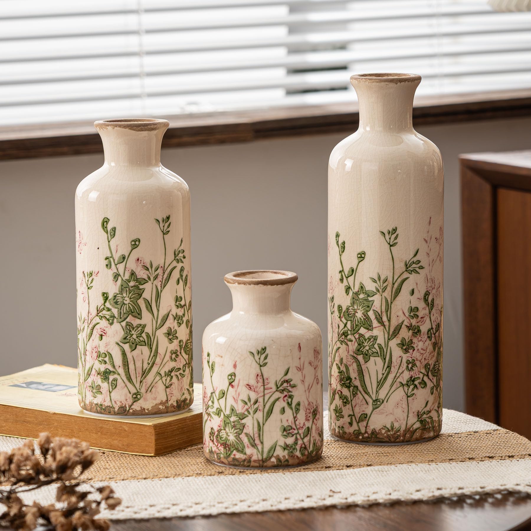 Vintage Ceramic Pitcher Vase with Handle 10.5”, Green & Pink Floral Farmhouse Vase, Chinoiserie Decorative Centerpiece for Living Room, Bookshelf