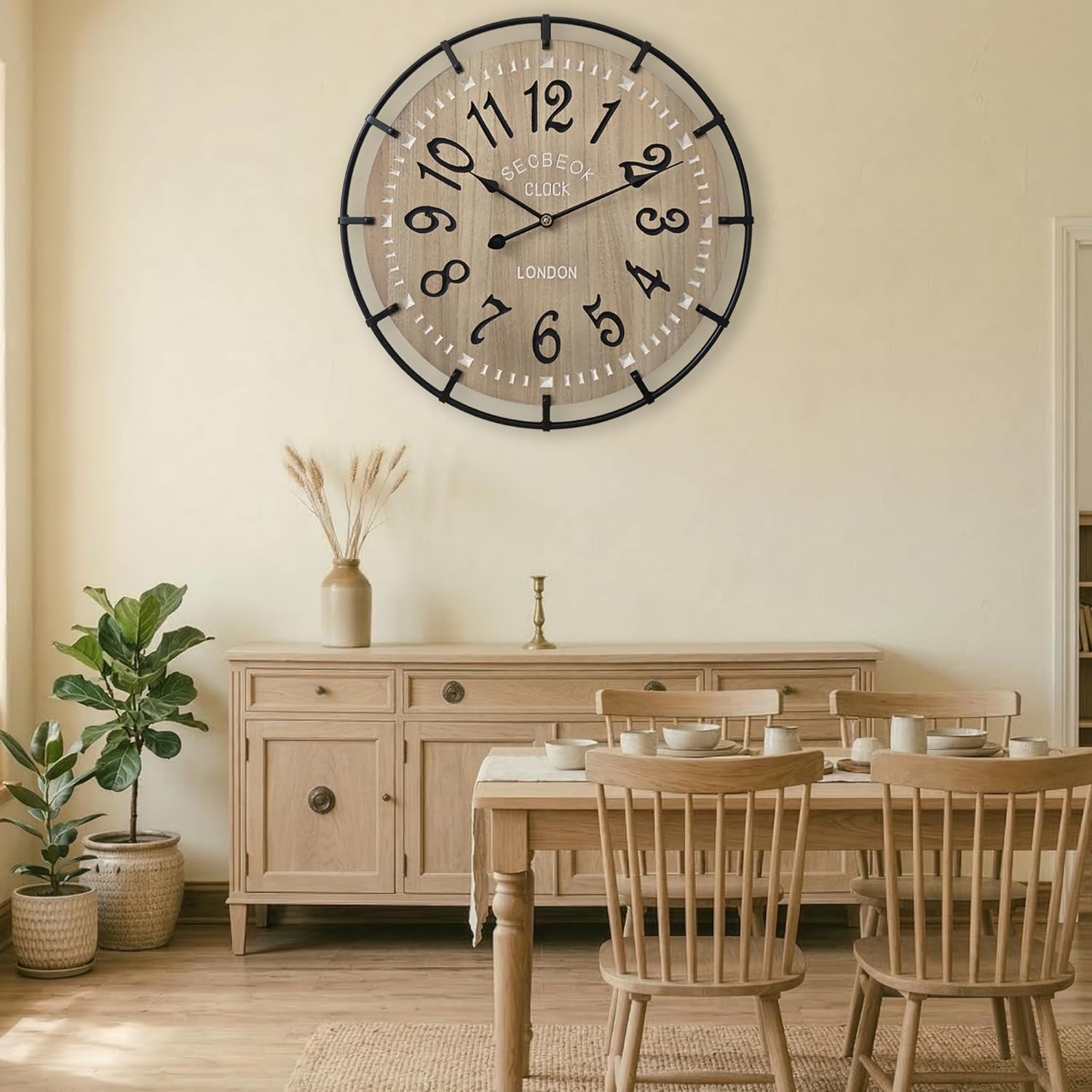 24 Inch Large Farmhouse Wall Clock, Metal Rustic Wood with Silent Quartz Movement, Easy Read Arabic Numerals, Battery Powered Round Decorative Wall Clock for Living Room Bedroom Kitchen Office