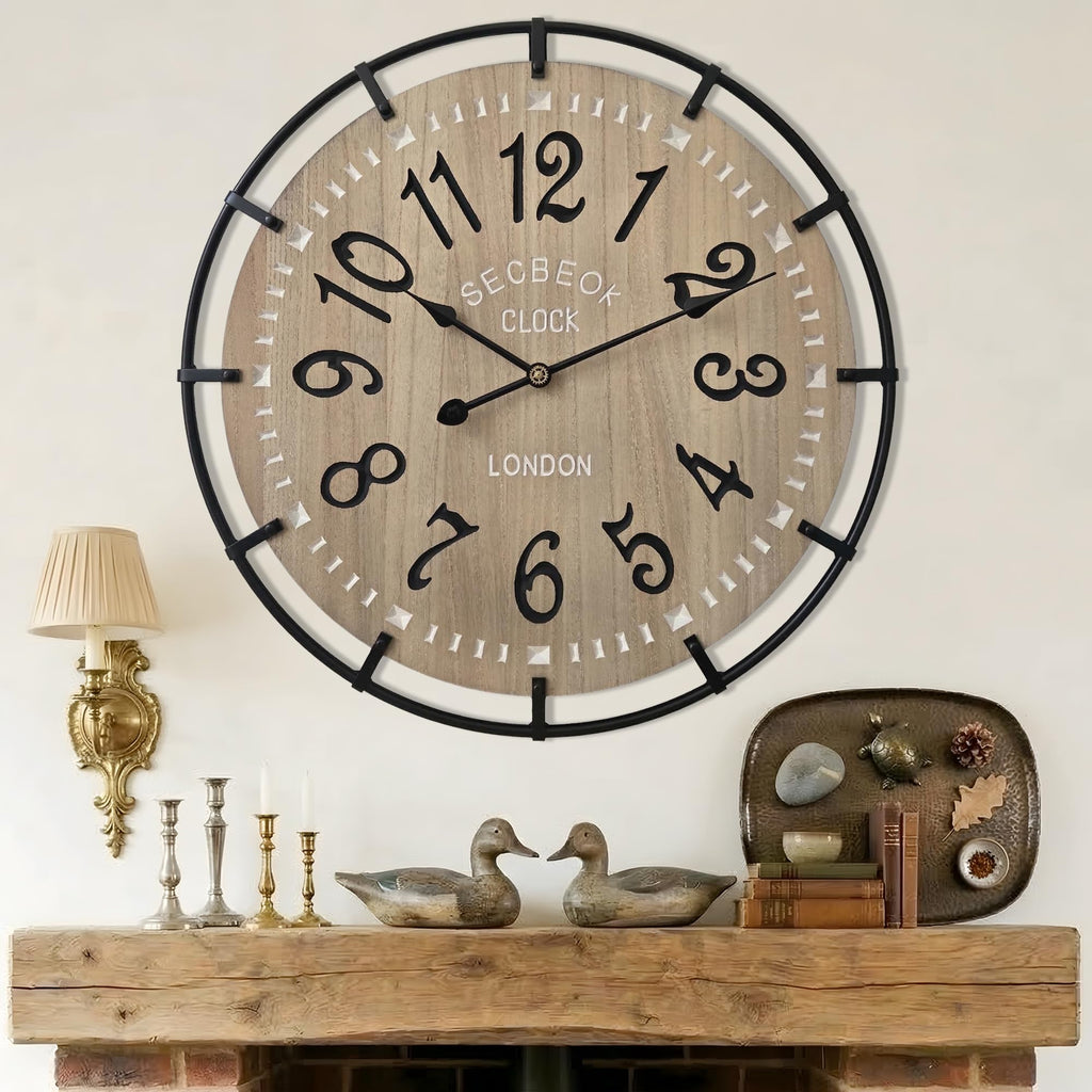 24 Inch Large Farmhouse Wall Clock, Metal Rustic Wood with Silent Quartz Movement, Easy Read Arabic Numerals, Battery Powered Round Decorative Wall Clock for Living Room Bedroom Kitchen Office