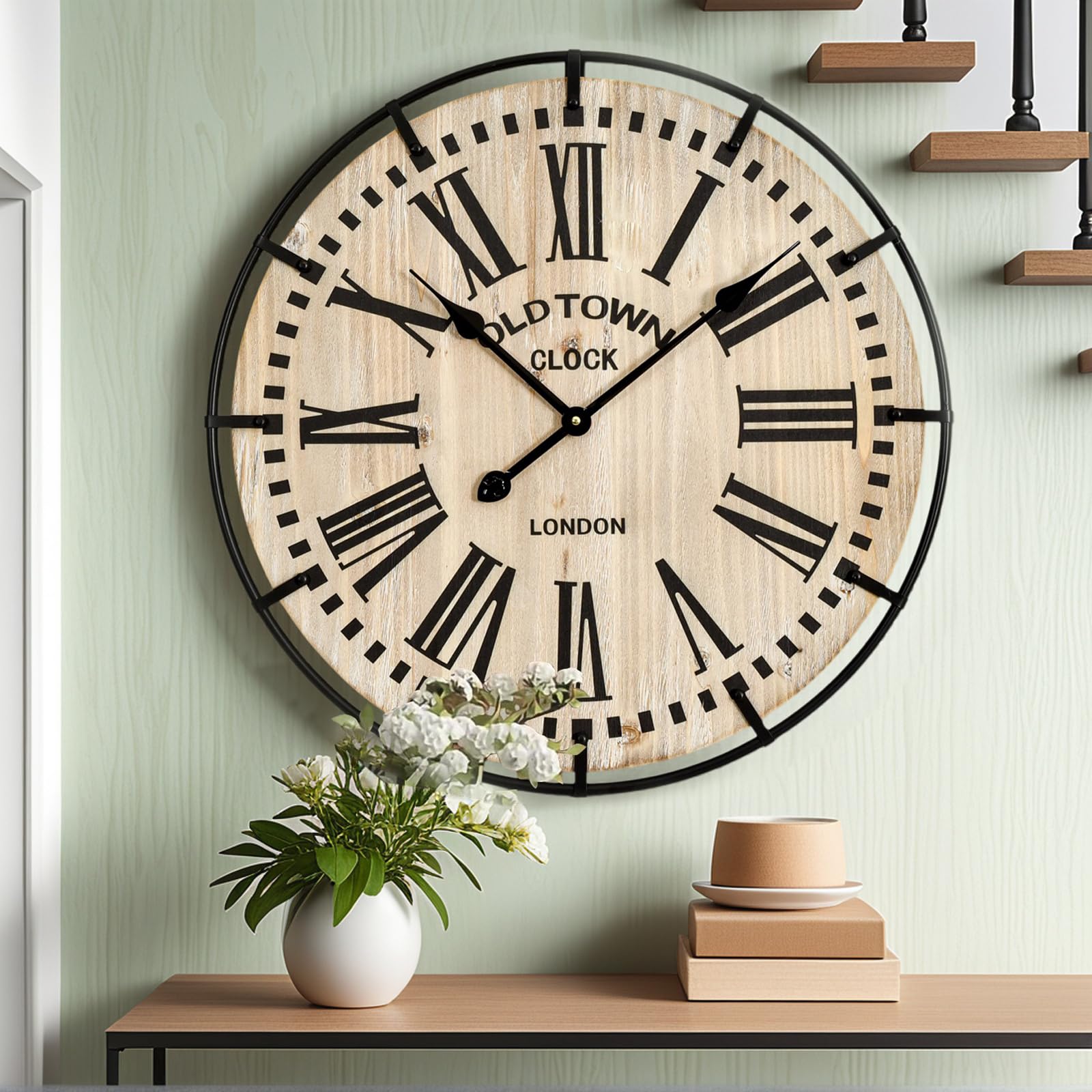 EMAX HOME 24 Inch Large Farmhouse Wall Clock, Rustic Antique Wood with Metal Circle and Large Engraved Numerals, Silent Battery Operated Wall Clock for Office Kitchen Bedroom Living Room