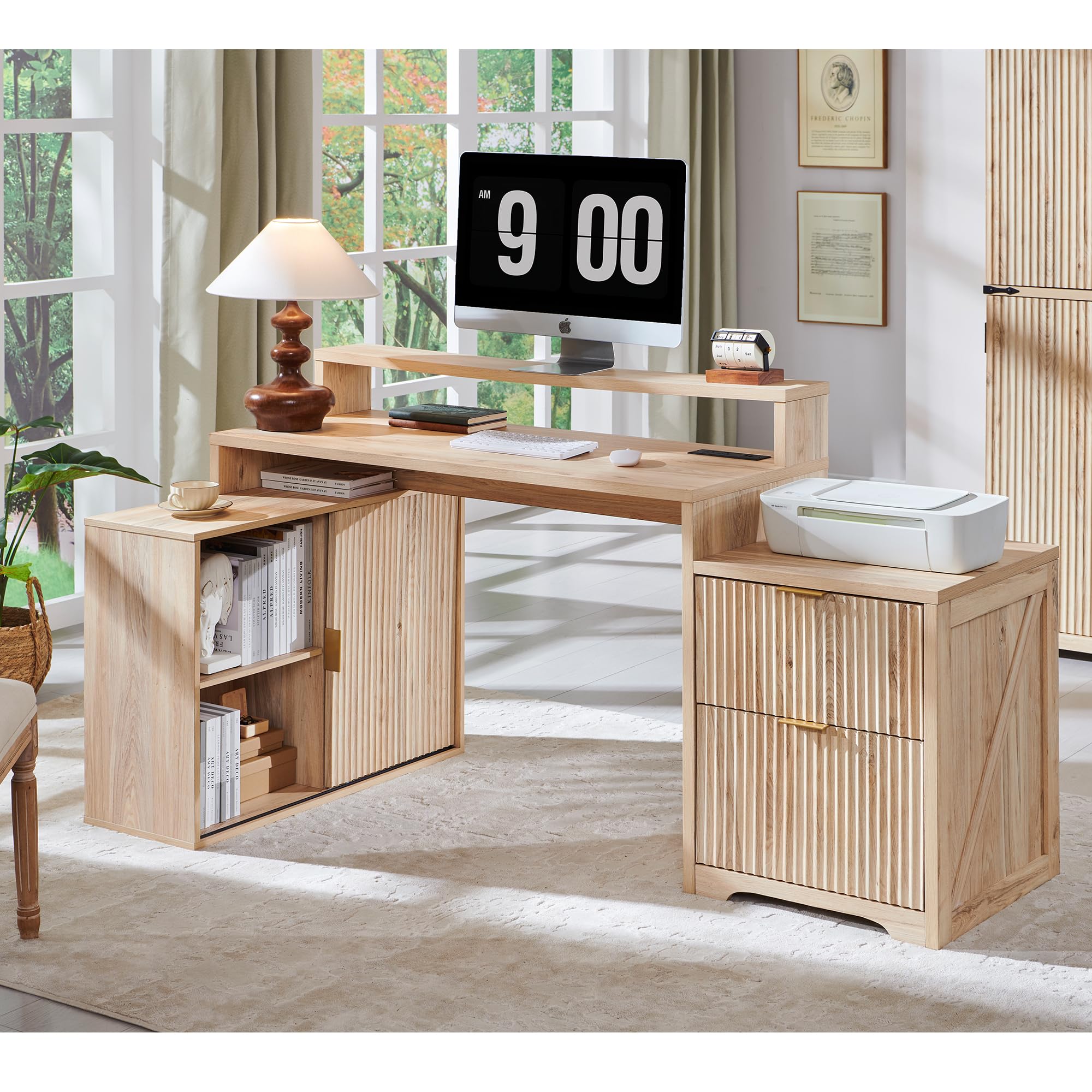 JXQTLINGMU 60" Modern Executive Desk with Storage, Wood Home Office Desk with Drawer & Cabinet, Fluted Computer Writing Desk for Study, Living Room, Bedroom, Oak