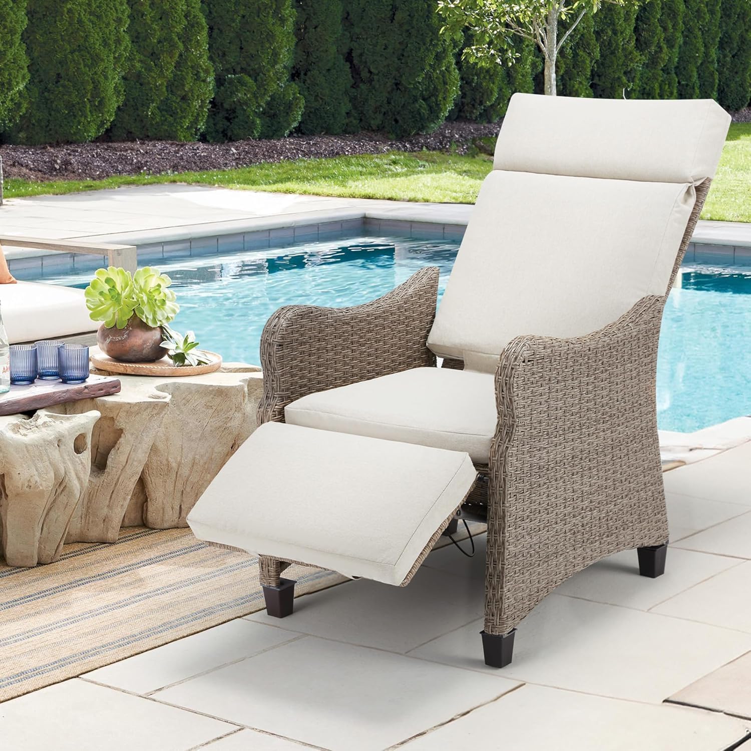 HOMREST Outdoor Recliner Chair, Wicker Reclining Chair for Patio with Adjustable Backrest up to 150°, Rattan Armchair with Integrated Footrest & Removable Cushion for Garden, Light Gray