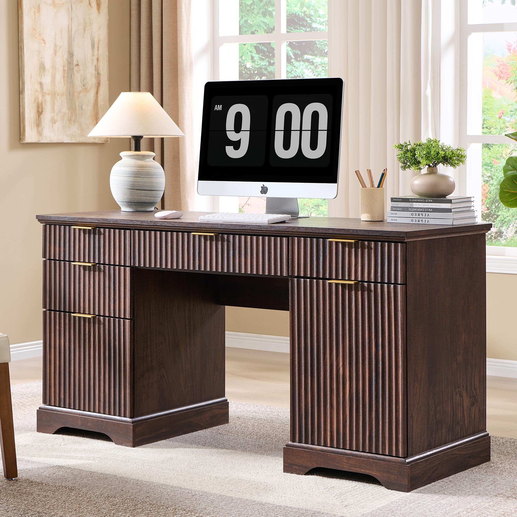 JXQTLINGMU 60" Modern Executive Desk with Storage, Wood Home Office Desk with Drawer & Cabinet, Fluted Computer Writing Desk for Study, Living Room, Bedroom, Oak