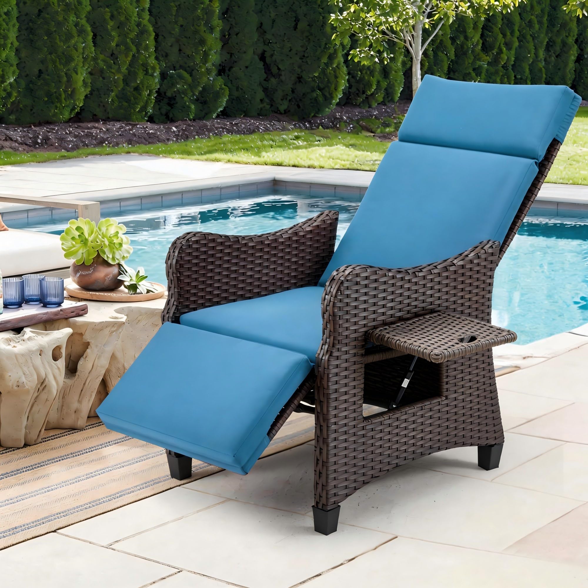 HOMREST Outdoor Recliner Chair, Wicker Reclining Chair for Patio with Adjustable Backrest up to 150°, Rattan Armchair with Integrated Footrest & Removable Cushion for Garden, Light Gray